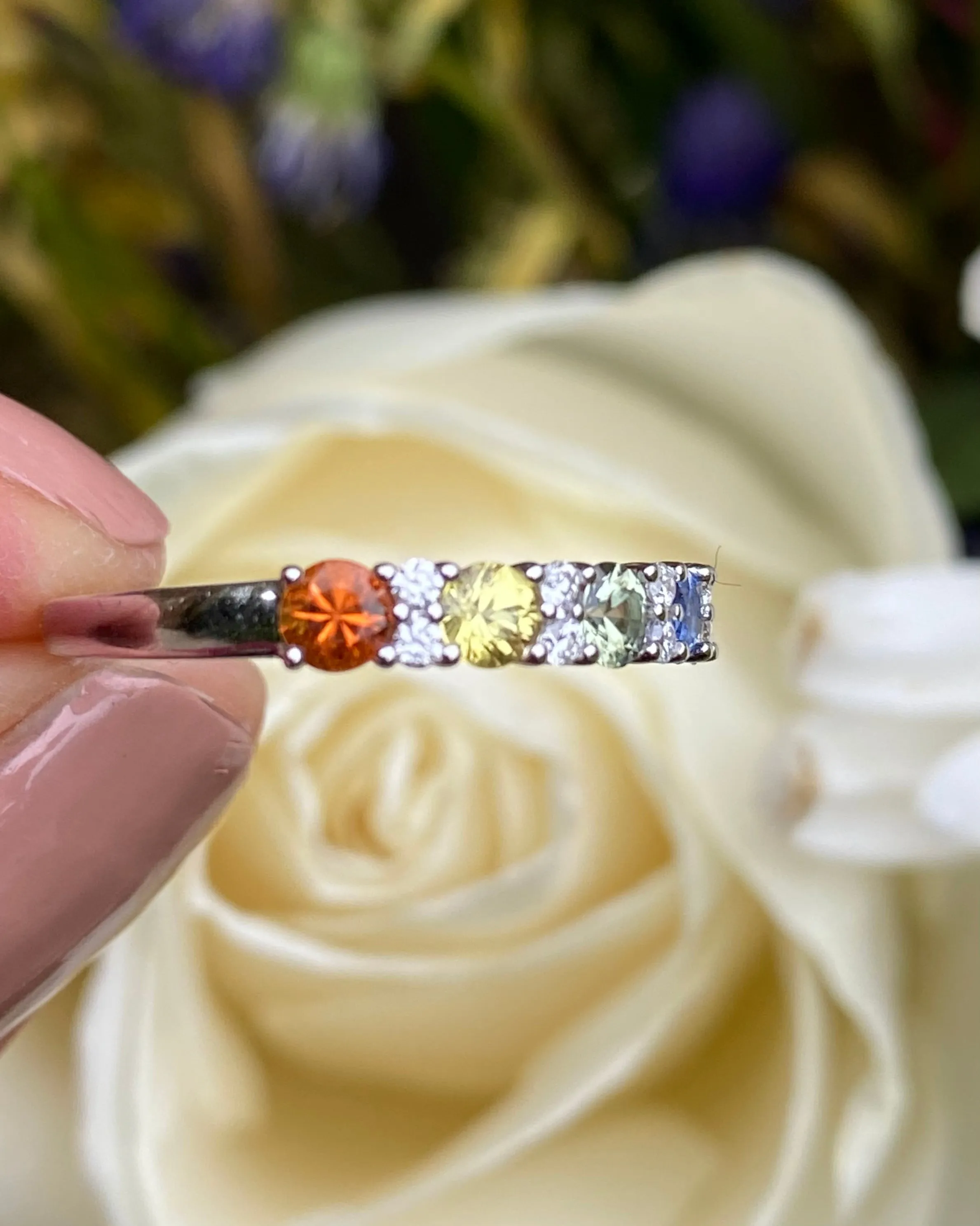 Multi-Coloured Sapphire and Diamond Rainbow Half Eternity Ring 18ct White Gold 0.14ct   1.08ct