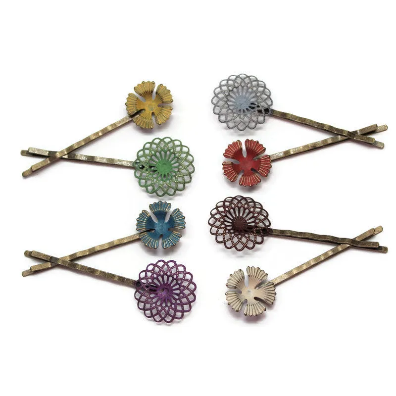 Off the Wallflowers Bobby Pins (2 pack) - Hand Painted Ornate Metal Filigree Flower Bobby Pins