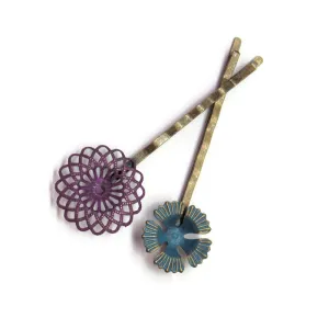 Off the Wallflowers Bobby Pins (2 pack) - Hand Painted Ornate Metal Filigree Flower Bobby Pins