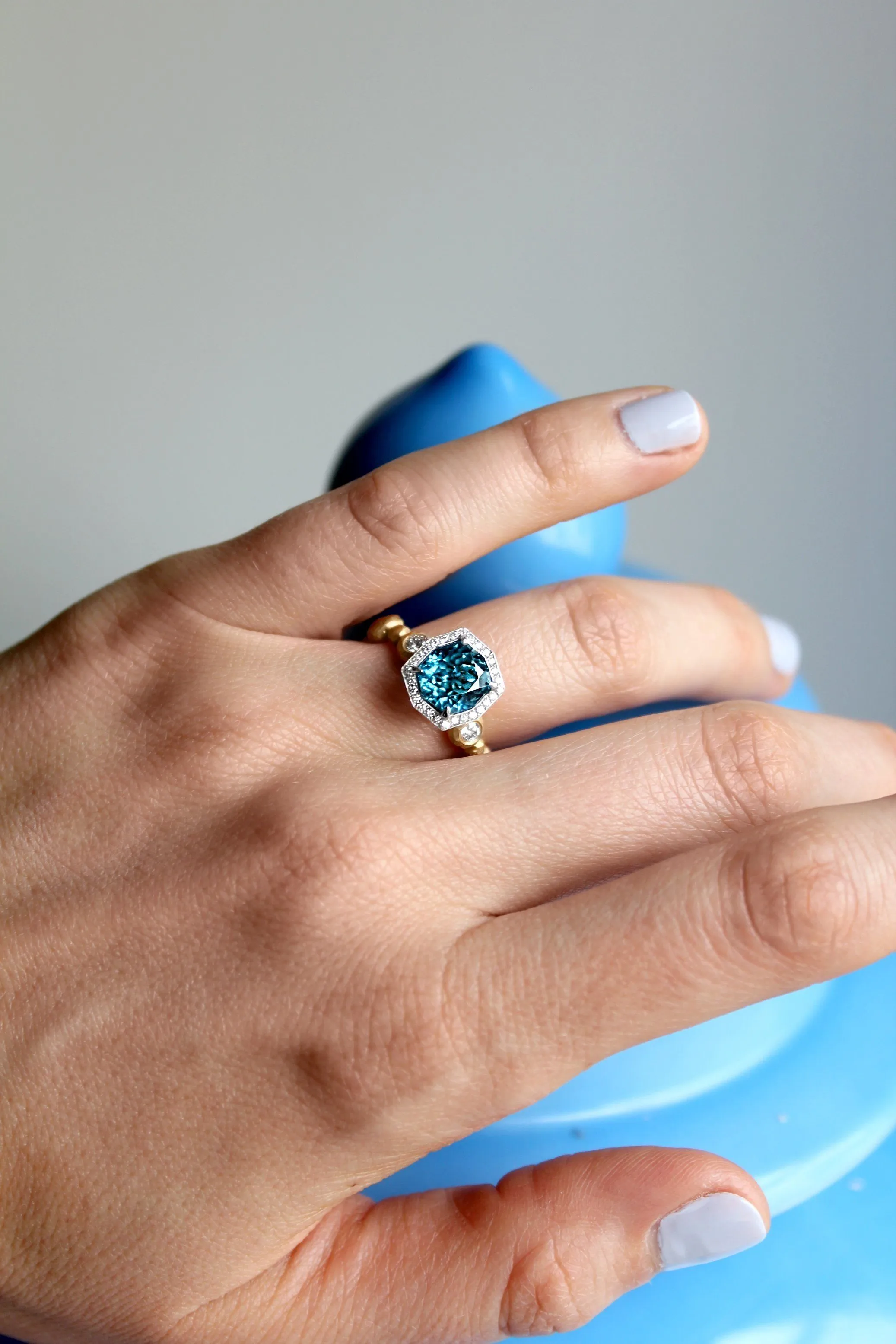 Pamela Froman Fancy-Cut Cambolite Blue Zircon White Diamond Gold Crush Ring
