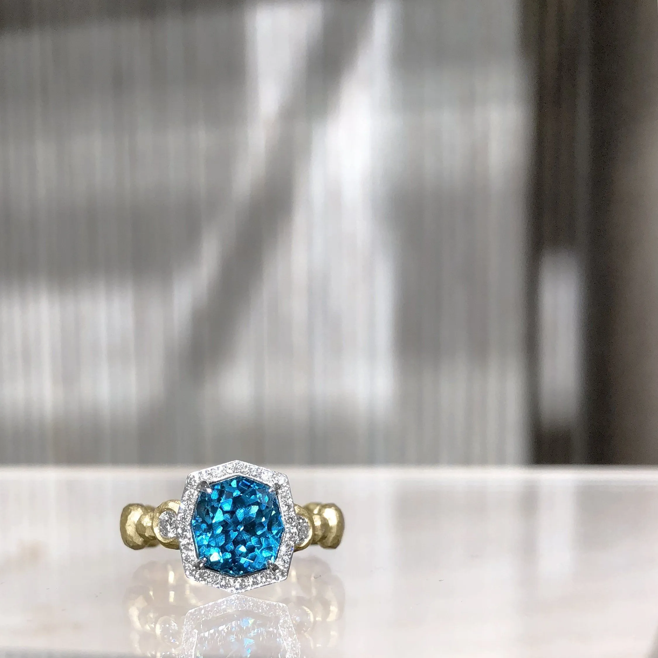 Pamela Froman Fancy-Cut Cambolite Blue Zircon White Diamond Gold Crush Ring