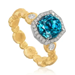 Pamela Froman Fancy-Cut Cambolite Blue Zircon White Diamond Gold Crush Ring