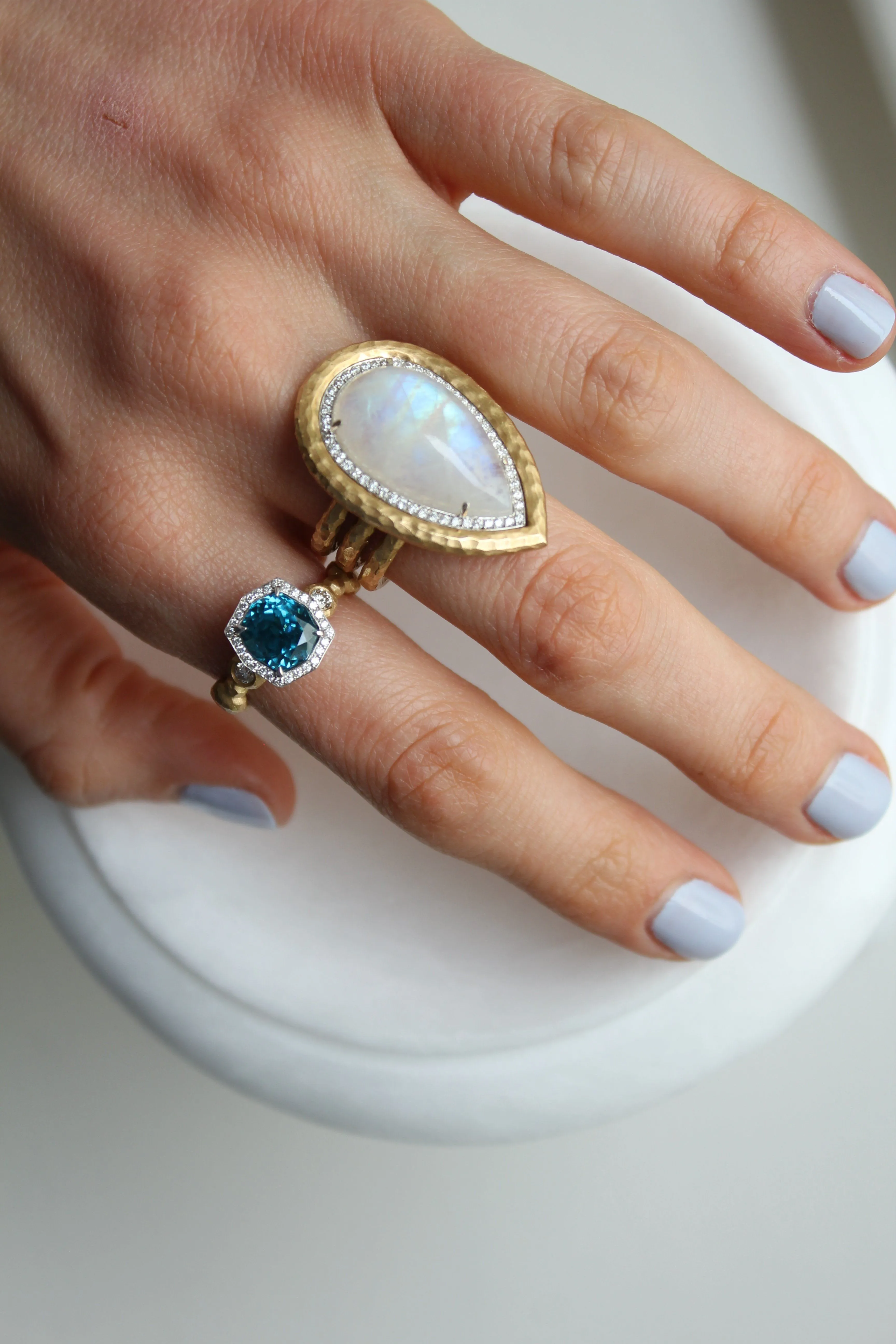 Pamela Froman Fancy-Cut Cambolite Blue Zircon White Diamond Gold Crush Ring