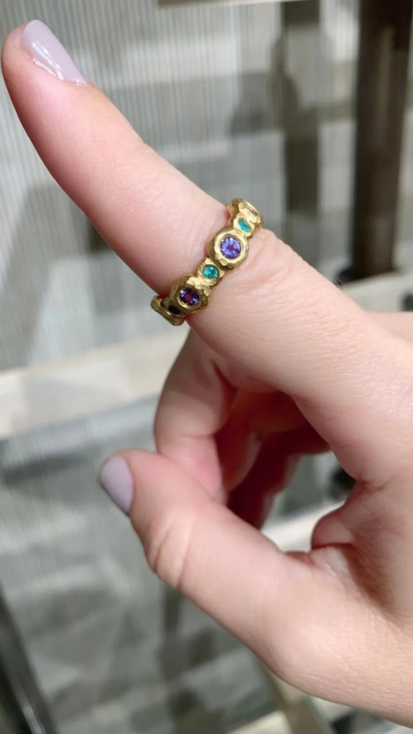 Pamela Froman Paraiba Tourmaline   Tanzanite Gold Eternity Bubble Band Ring