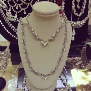 Pearl Necklace Silver Marcasite Bridal Vintage Wedding