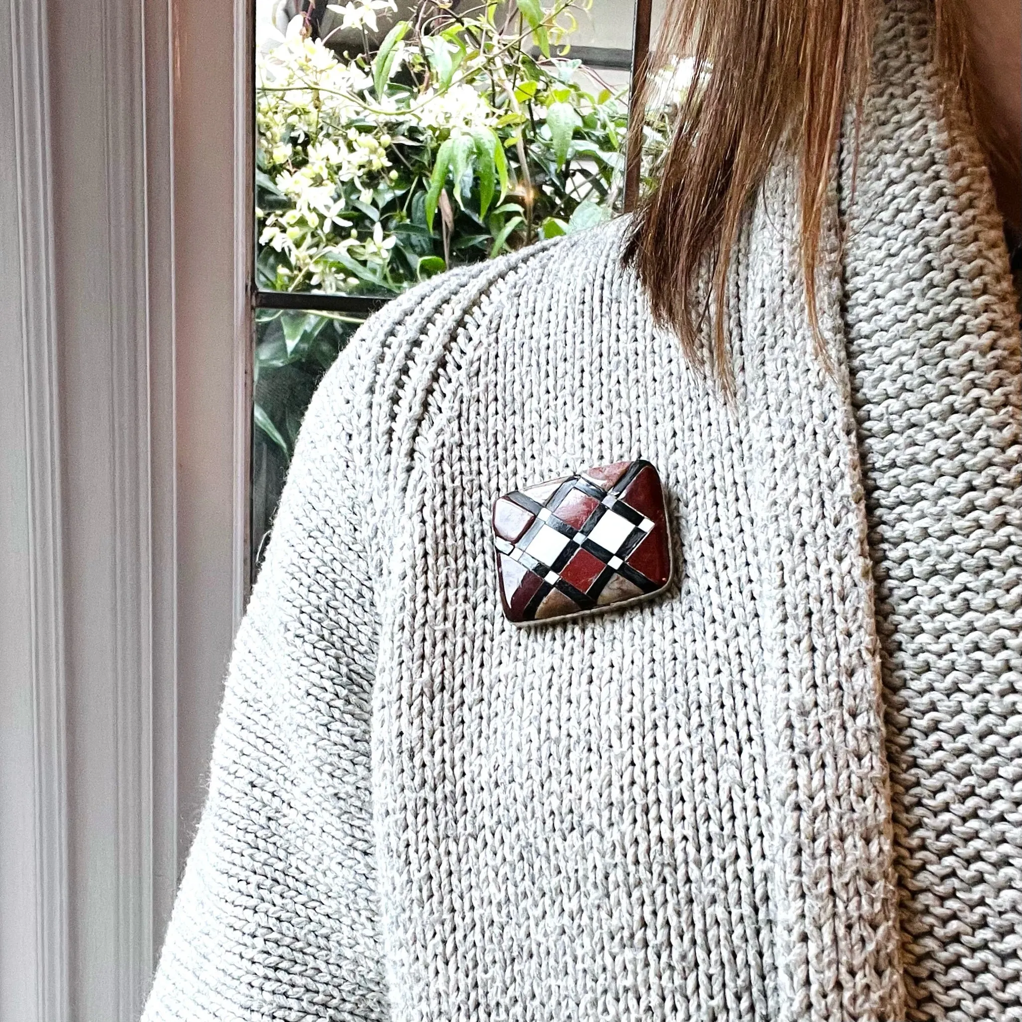 Plaid Agate Mosaic Scottish Pebble Brooch
