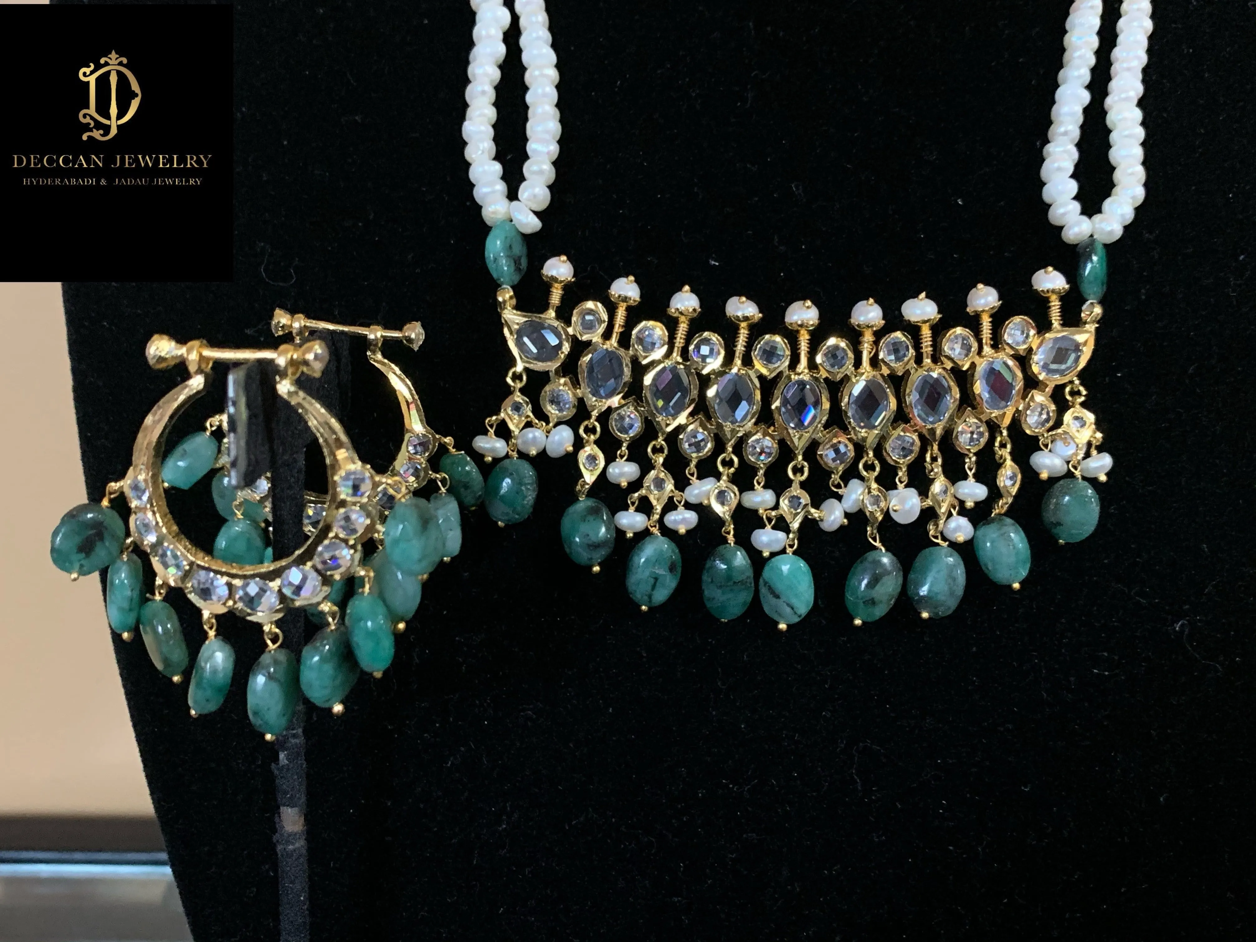 PS301 Tirmani in fresh water pearls and emerald beads ( SHIPS IN 1 WEEK )