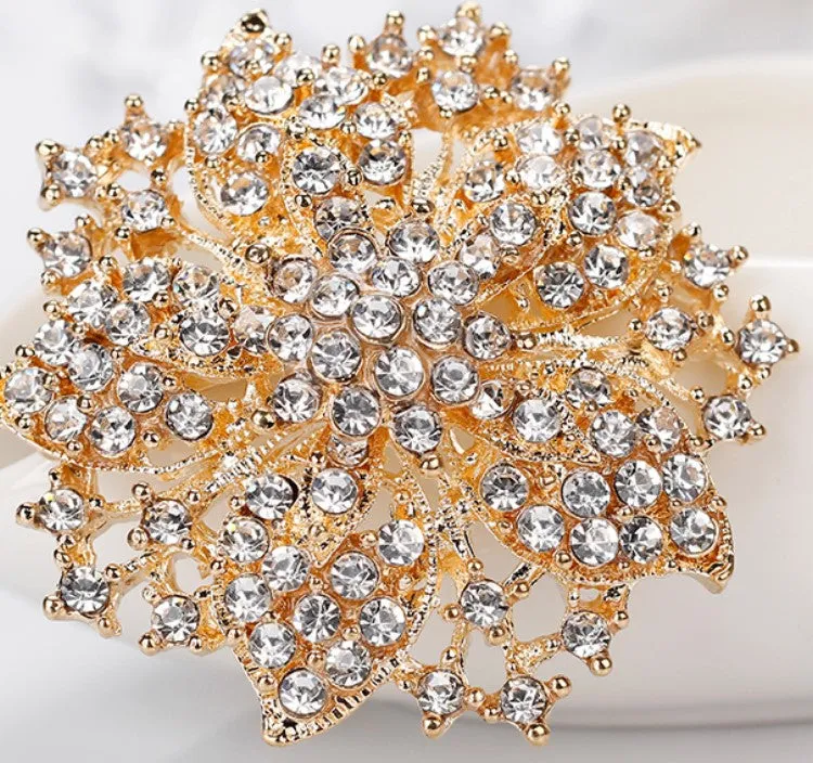 Rhinestone Flower Brooch Red Gold or Silver BR-772