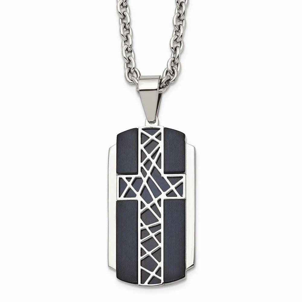 Stainless Steel Brushed and Polished Black IP-plated Cross Necklace