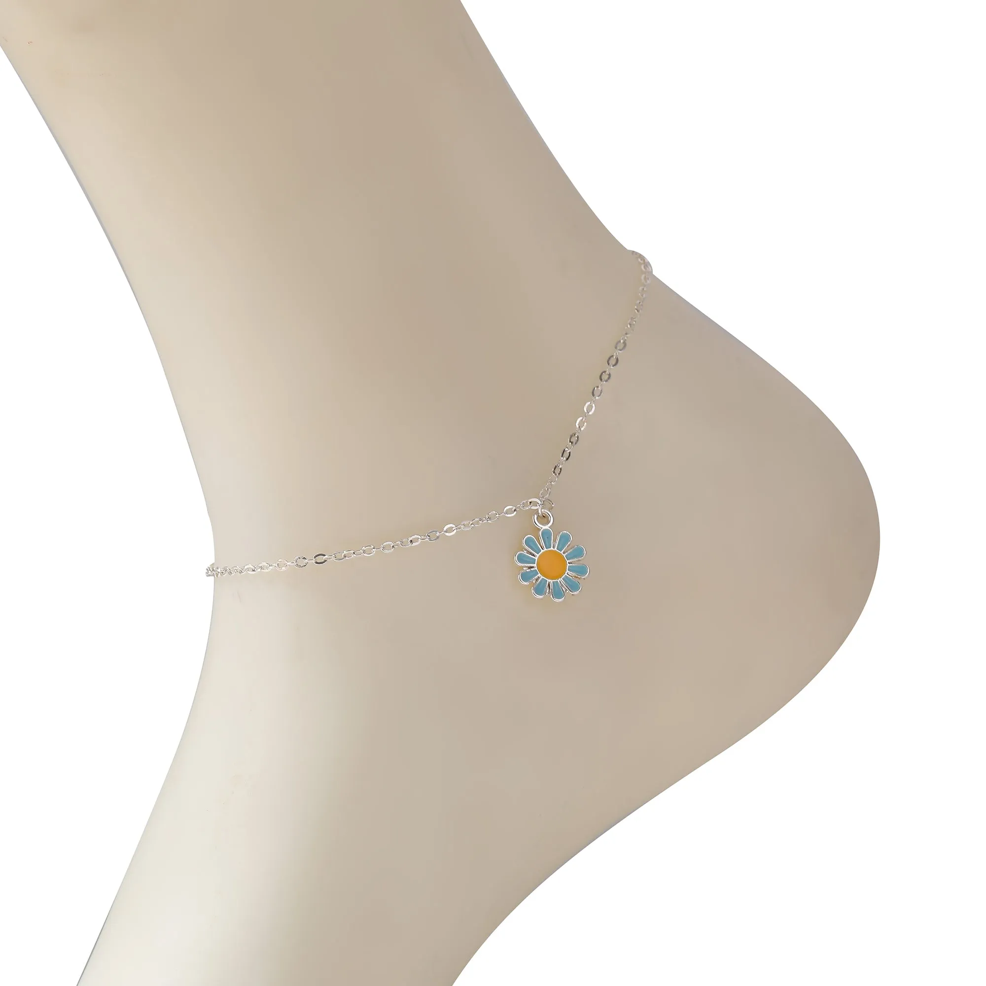 Vibrant Daisy Charm Anklet with Silver Chain - Colorful Summer Jewelry for Women
