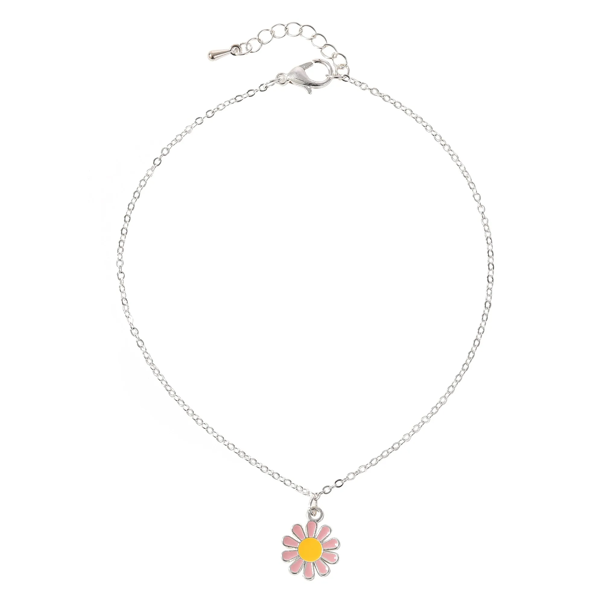 Vibrant Daisy Charm Anklet with Silver Chain - Colorful Summer Jewelry for Women