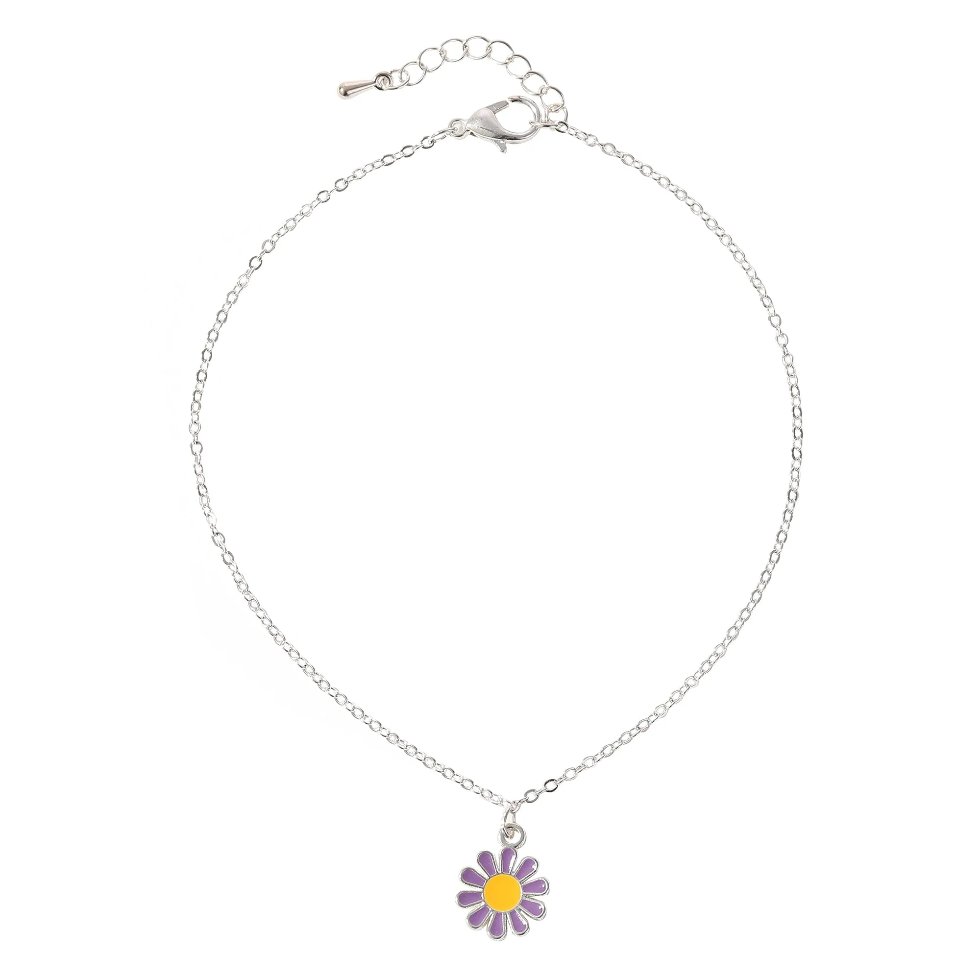 Vibrant Daisy Charm Anklet with Silver Chain - Colorful Summer Jewelry for Women