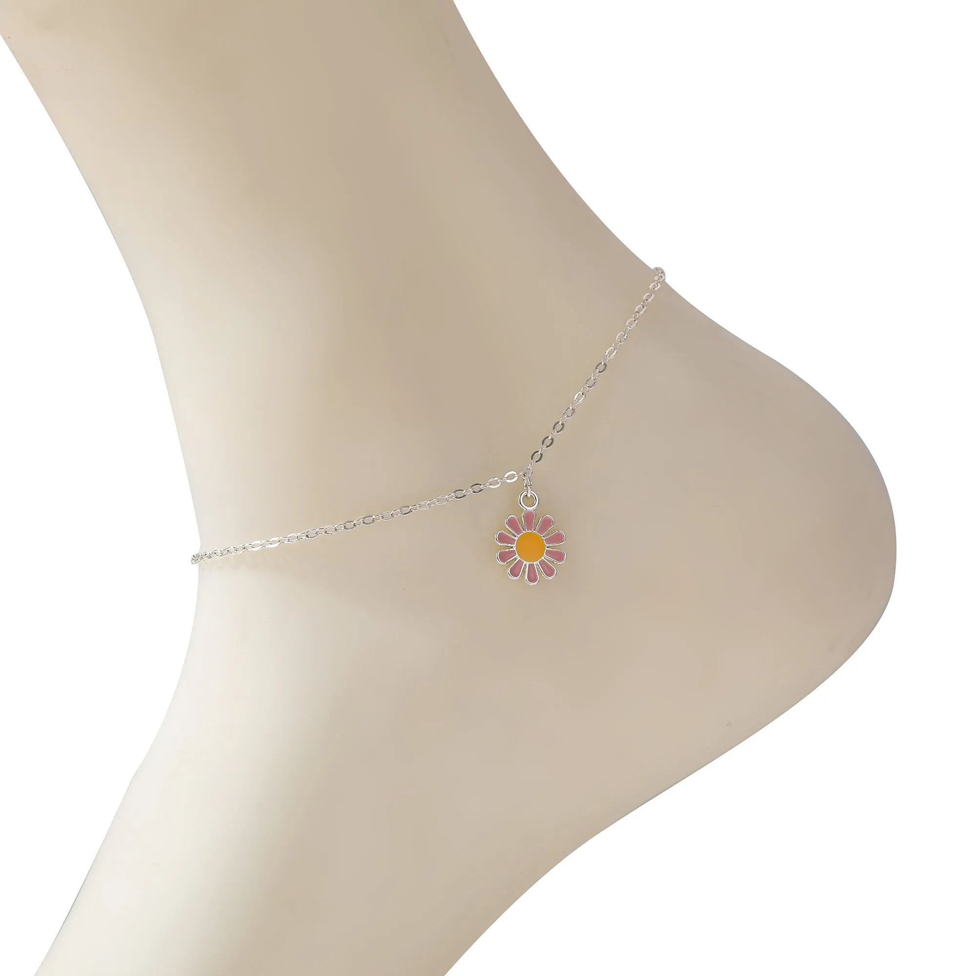 Vibrant Daisy Charm Anklet with Silver Chain - Colorful Summer Jewelry for Women