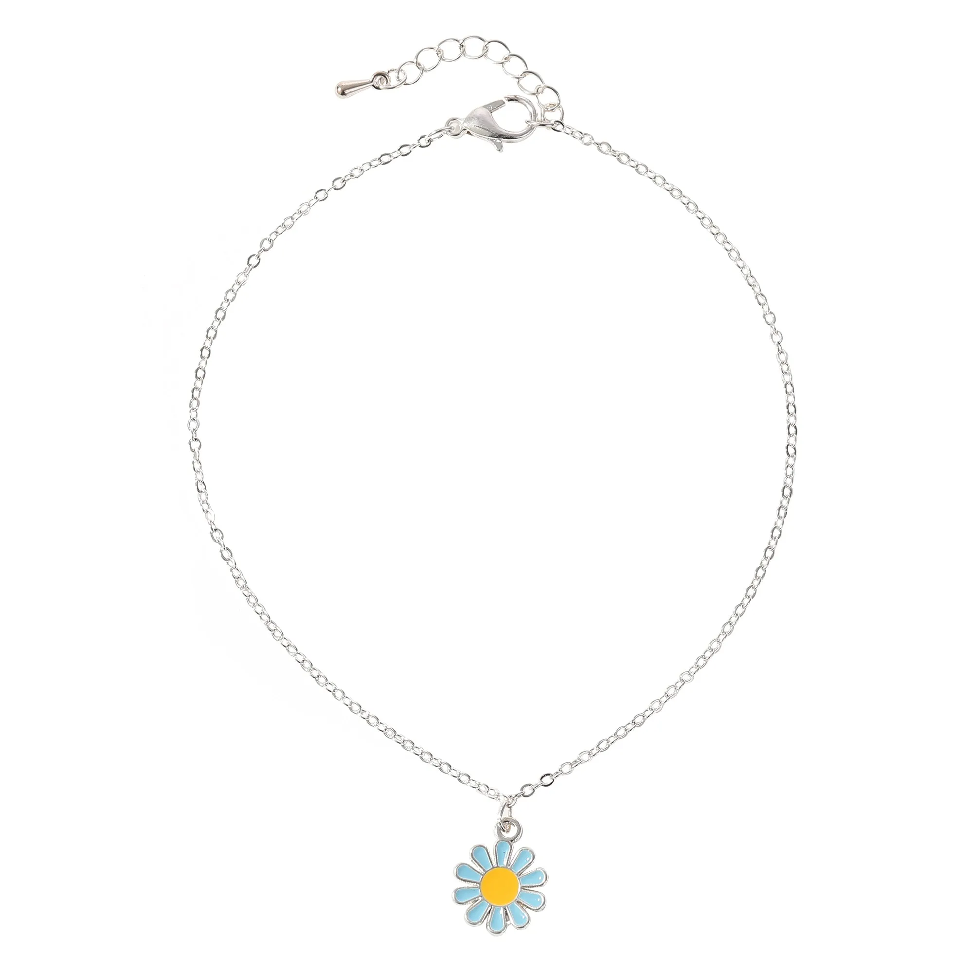 Vibrant Daisy Charm Anklet with Silver Chain - Colorful Summer Jewelry for Women