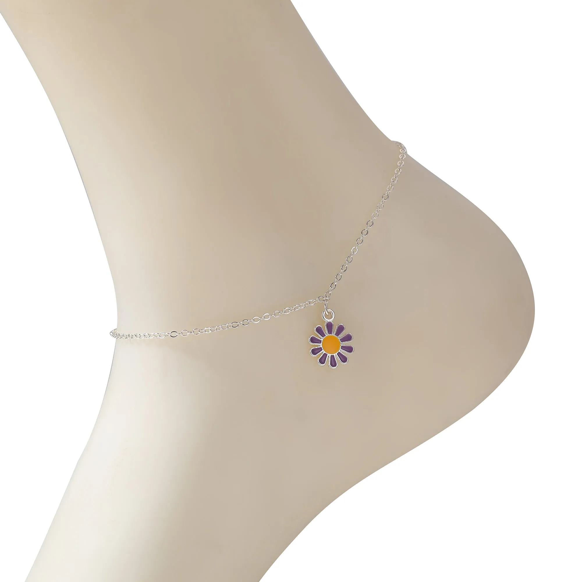 Vibrant Daisy Charm Anklet with Silver Chain - Colorful Summer Jewelry for Women