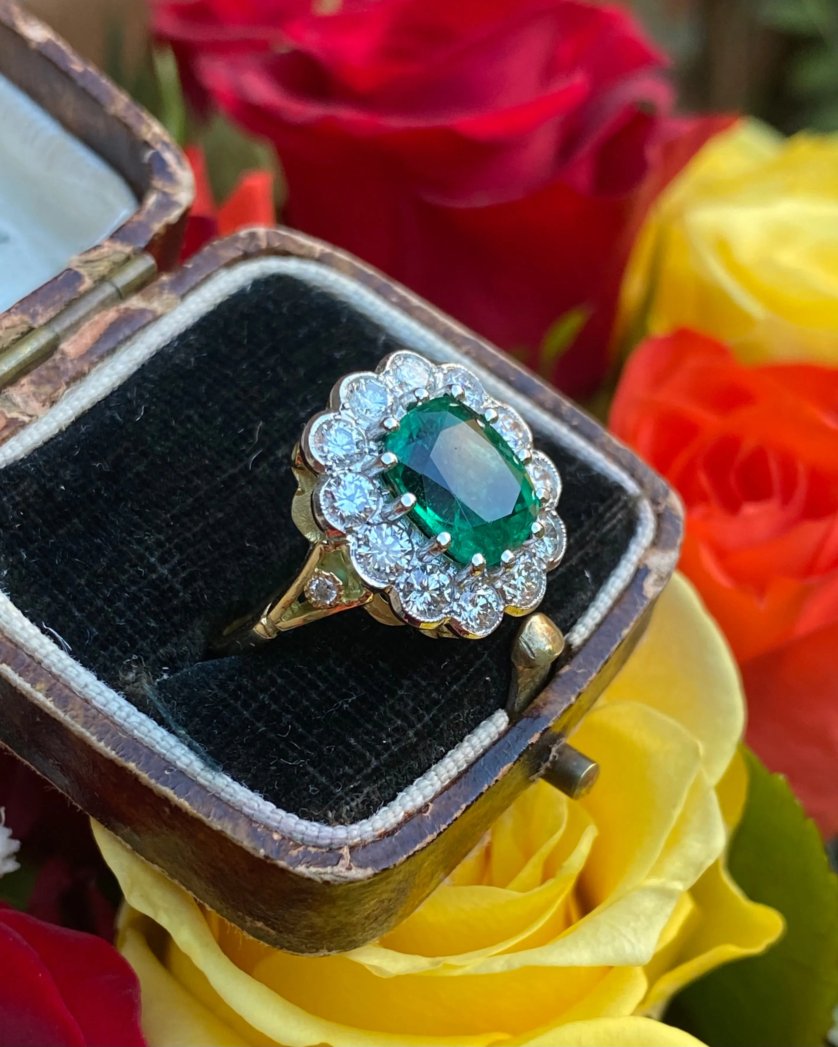 Victorian Emerald and Diamond Cluster Ring 18ct Yellow Gold 1.35ct   2.26ct