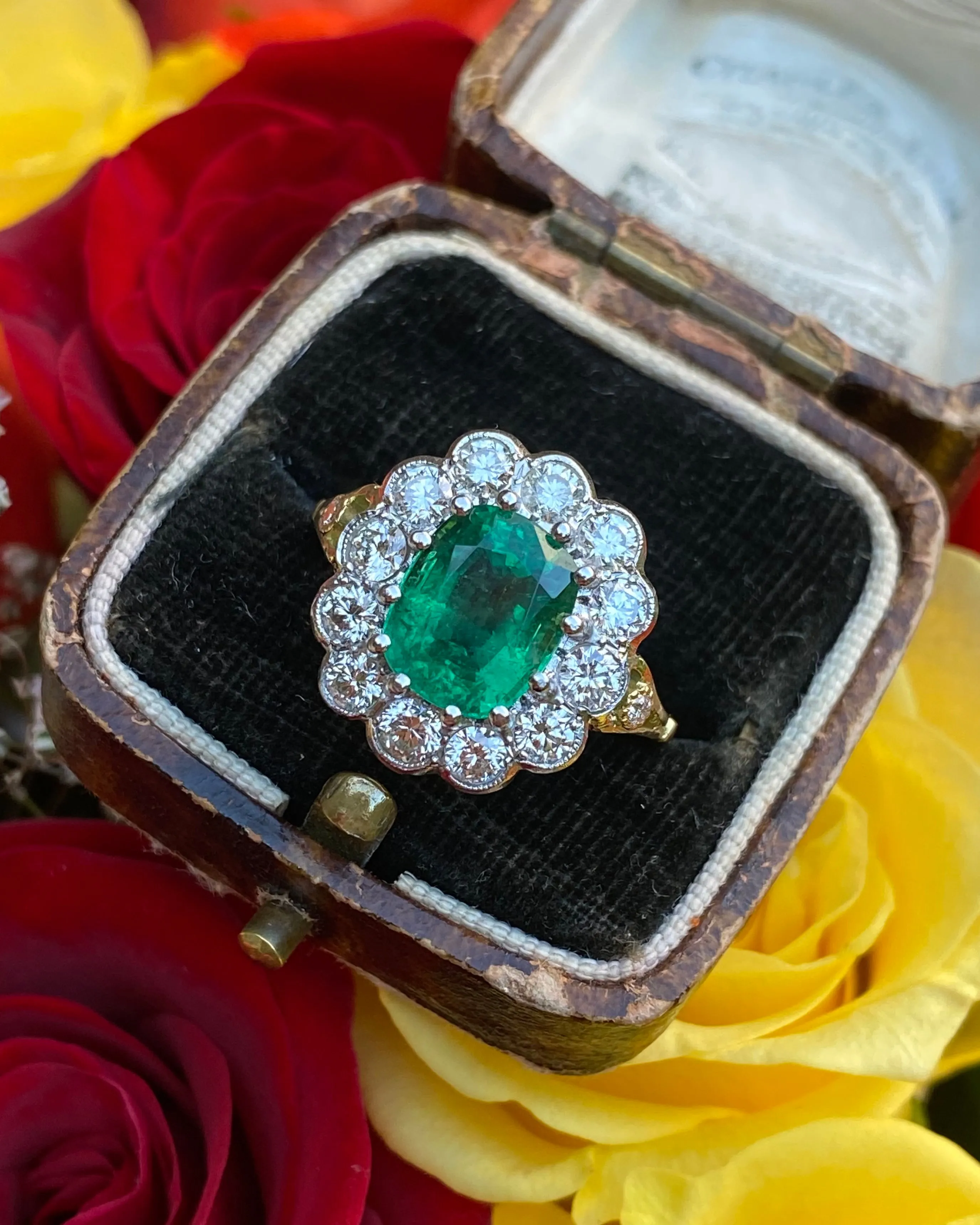 Victorian Emerald and Diamond Cluster Ring 18ct Yellow Gold 1.35ct   2.26ct