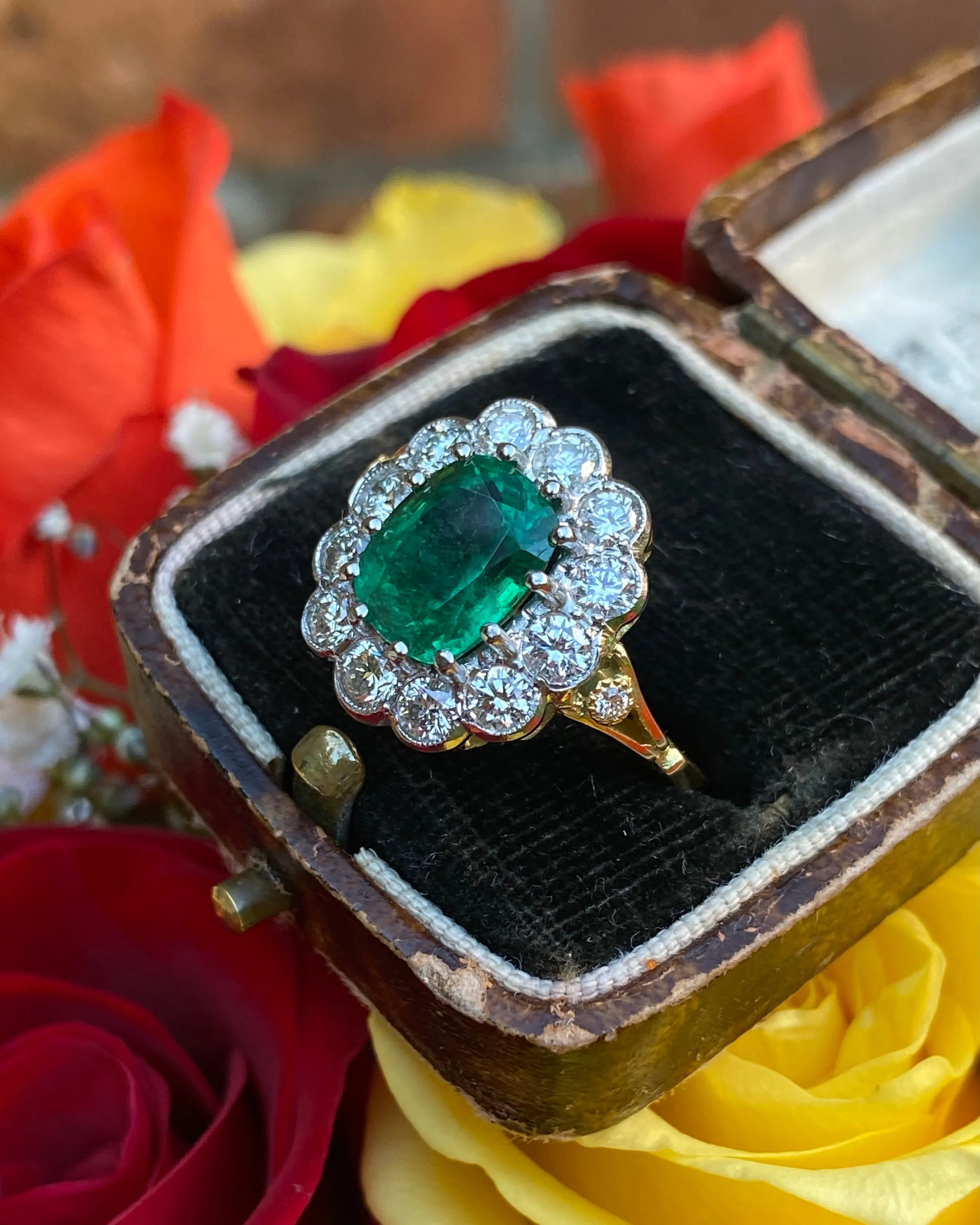 Victorian Emerald and Diamond Cluster Ring 18ct Yellow Gold 1.35ct   2.26ct