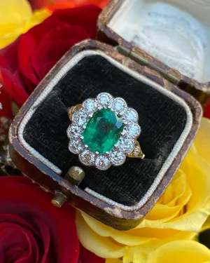 Victorian Emerald and Diamond Cluster Ring 18ct Yellow Gold 1.35ct   2.26ct