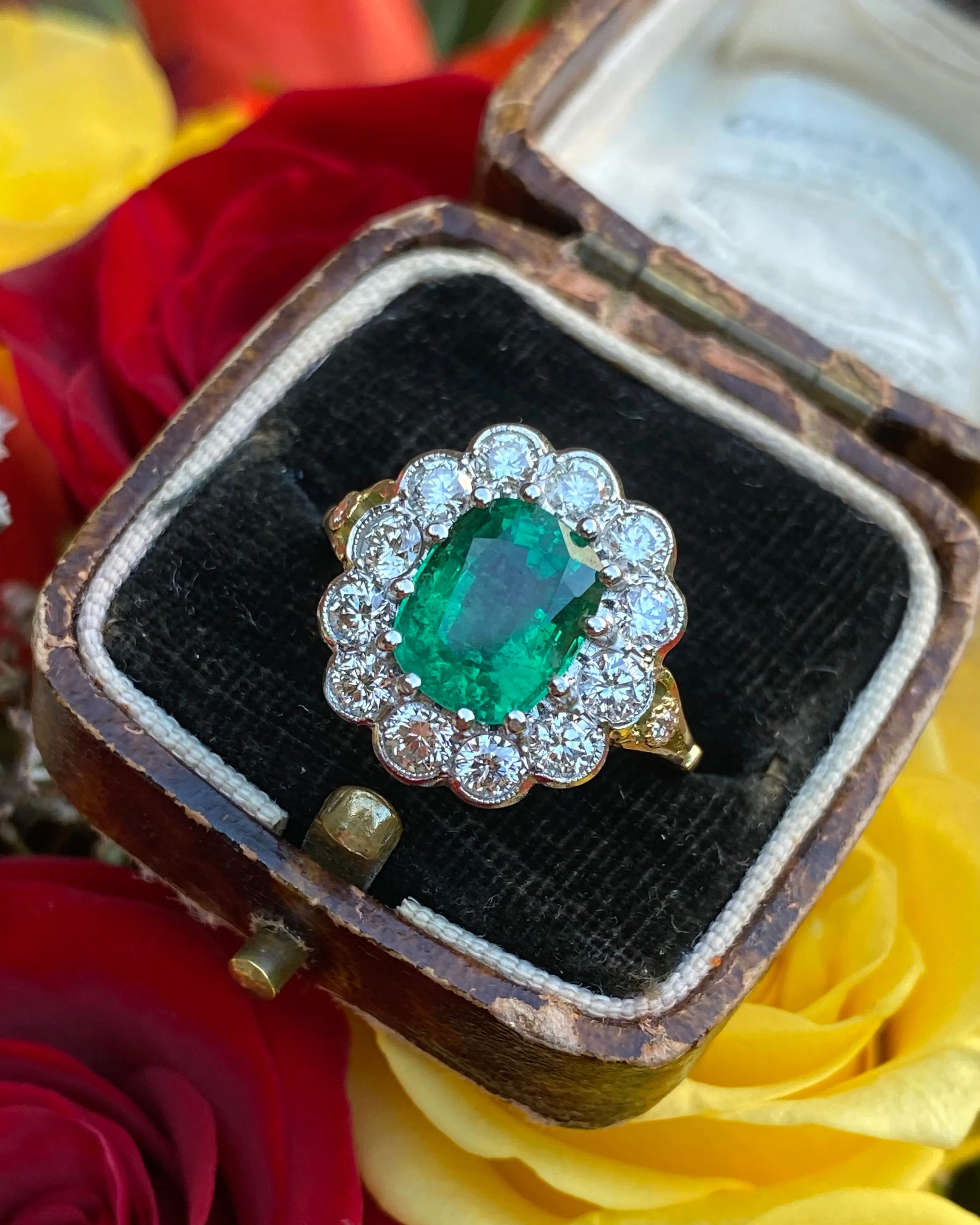 Victorian Emerald and Diamond Cluster Ring 18ct Yellow Gold 1.35ct   2.26ct