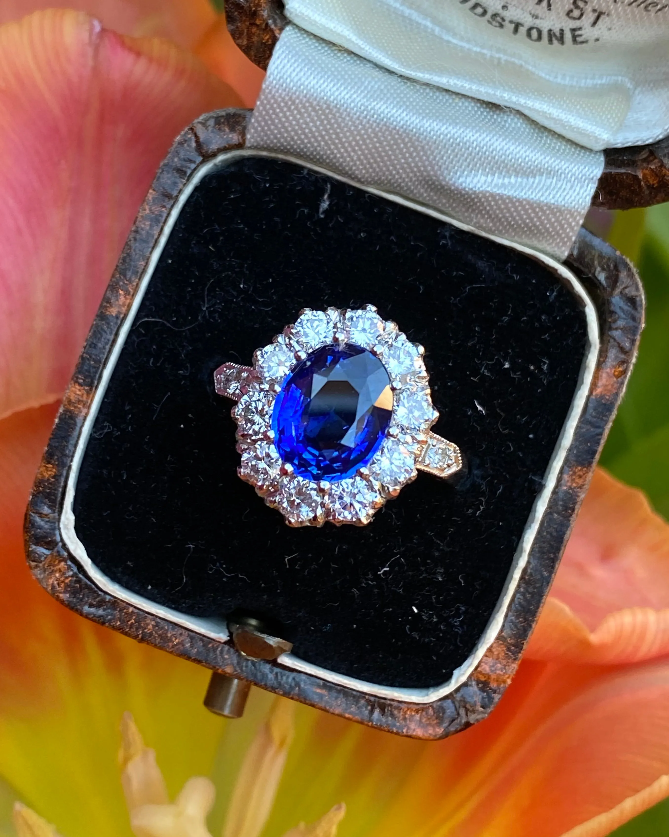 Victorian Sapphire and Diamond Cluster Platinum Ring 1.35ct   2.55ct