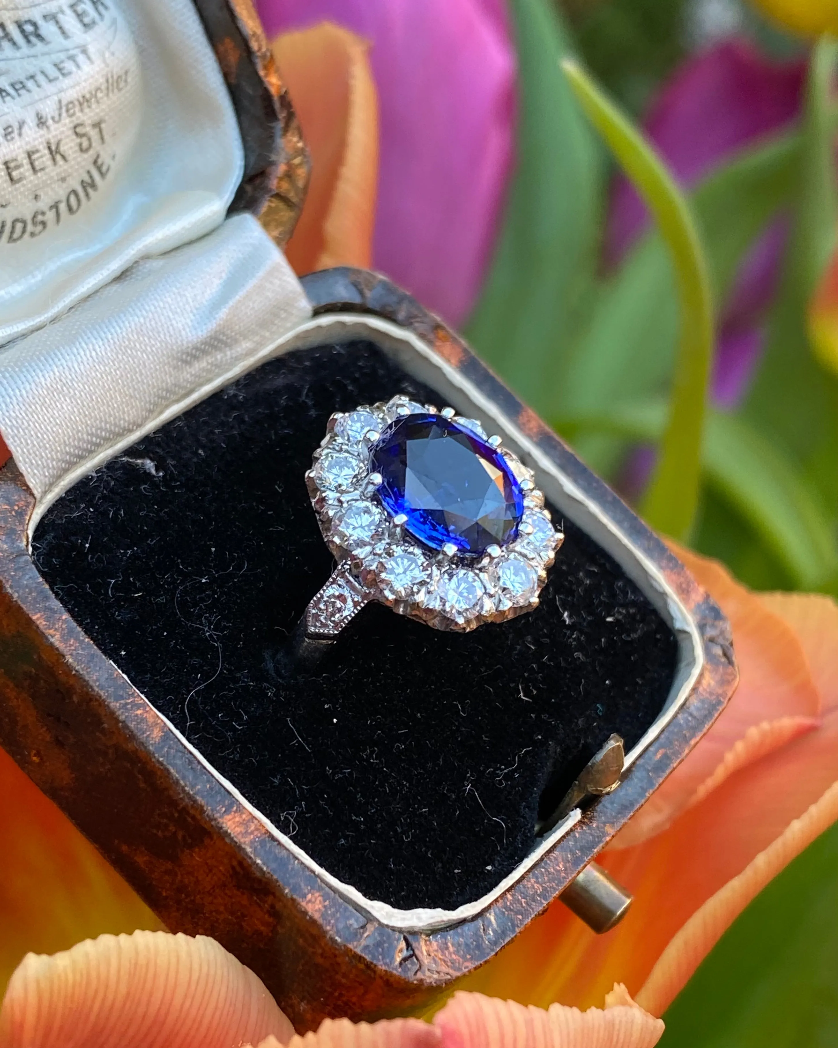 Victorian Sapphire and Diamond Cluster Platinum Ring 1.35ct   2.55ct