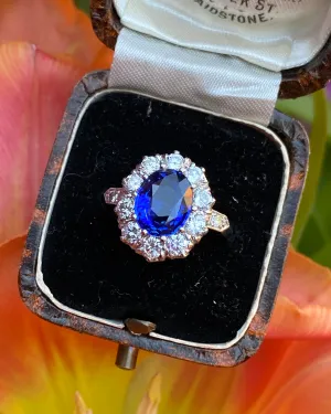 Victorian Sapphire and Diamond Cluster Platinum Ring 1.35ct   2.55ct