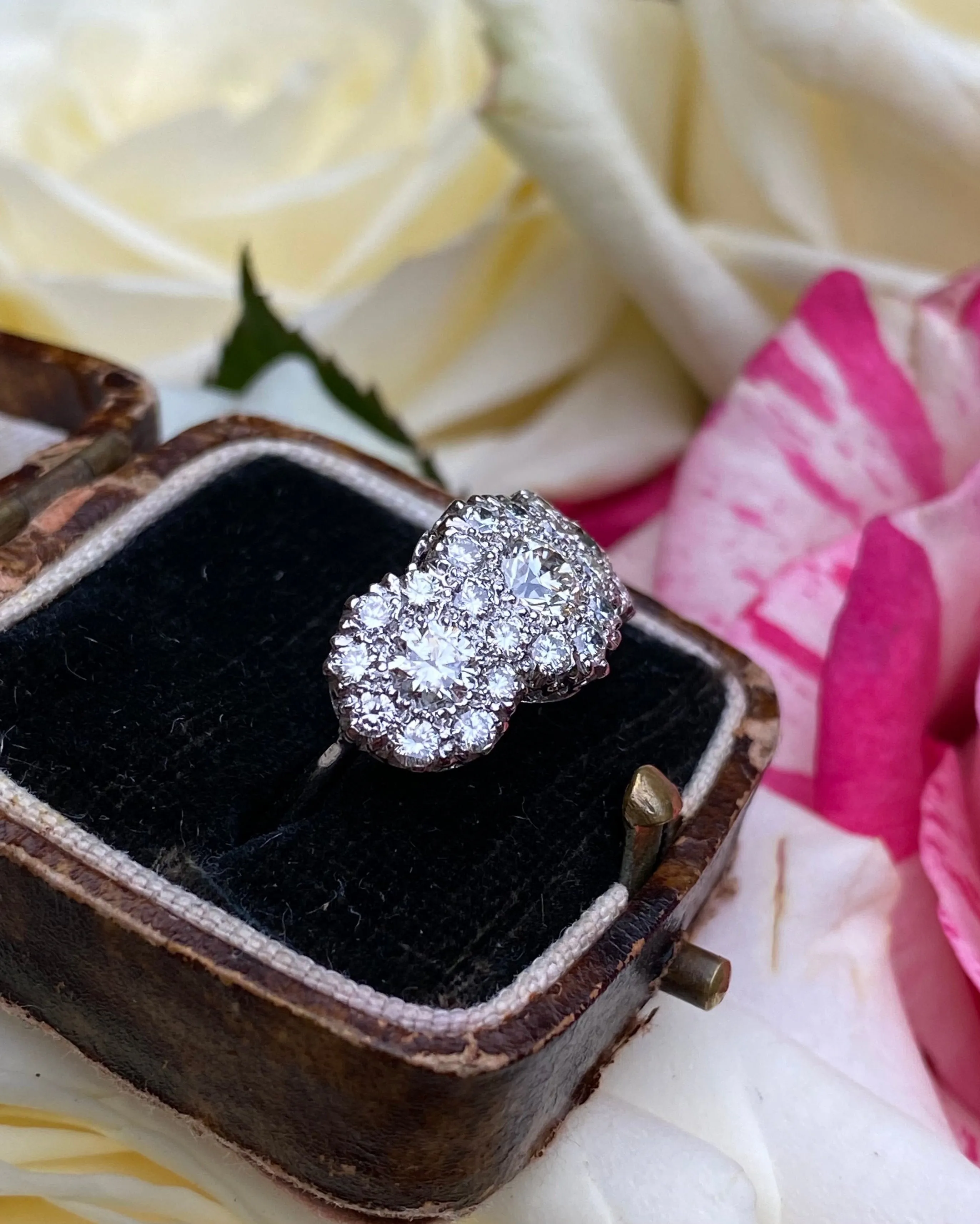 Victorian Style Diamond Triple Cluster Ring Platinum 1.90ct
