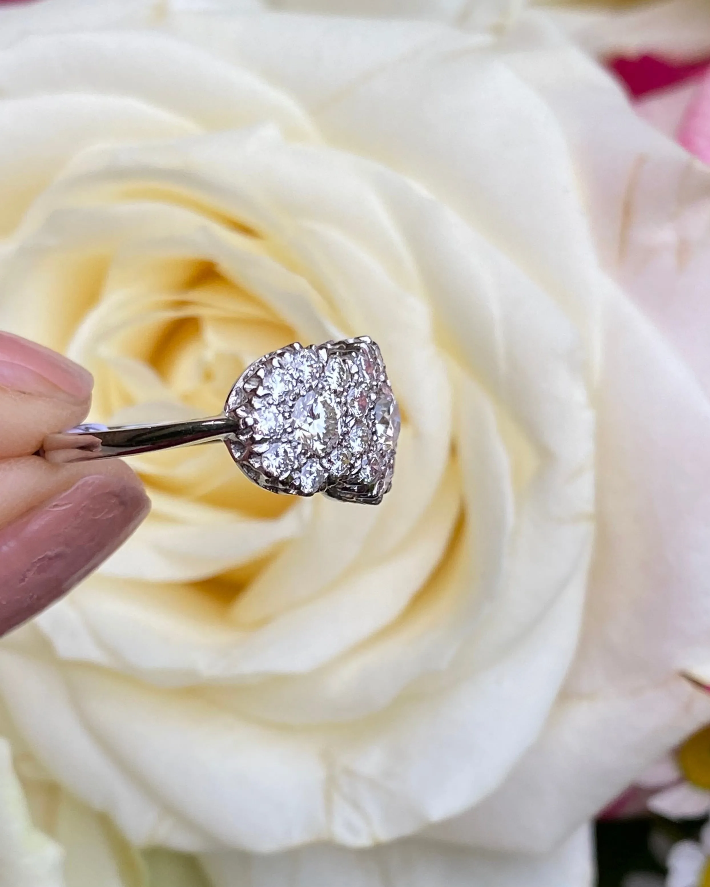 Victorian Style Diamond Triple Cluster Ring Platinum 1.90ct