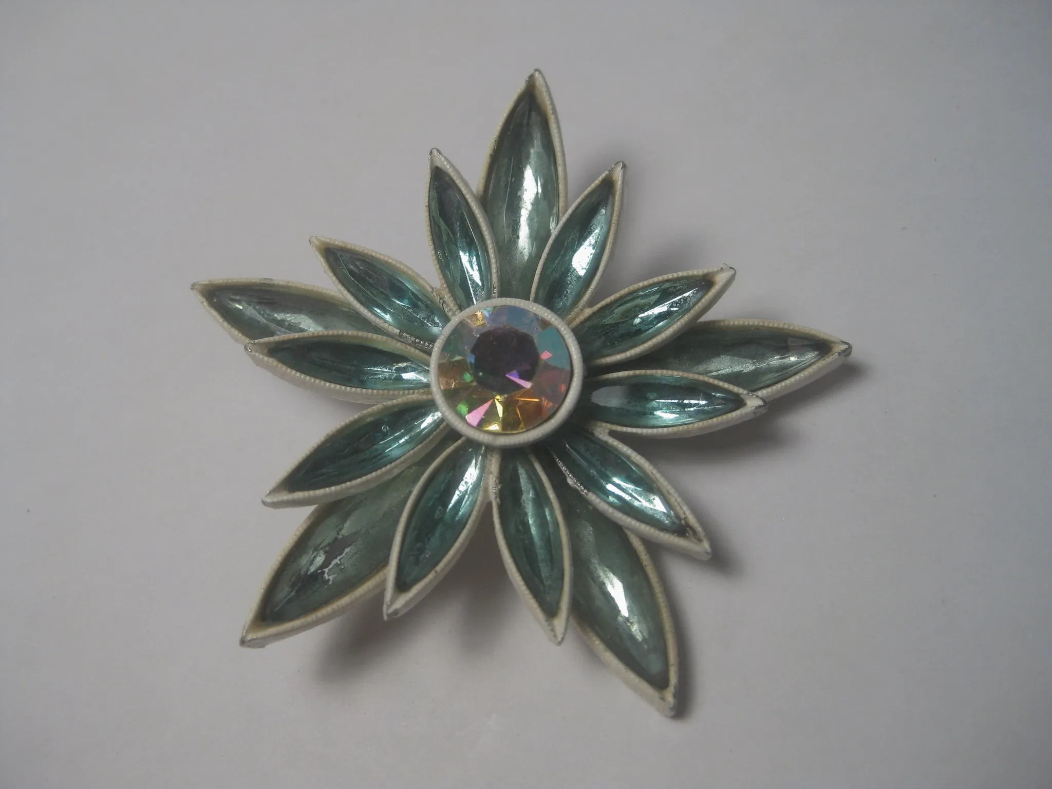 Vintage 1960's Aqua Navette White Enameled Floral Brooch with A.B. Center, 2.5"