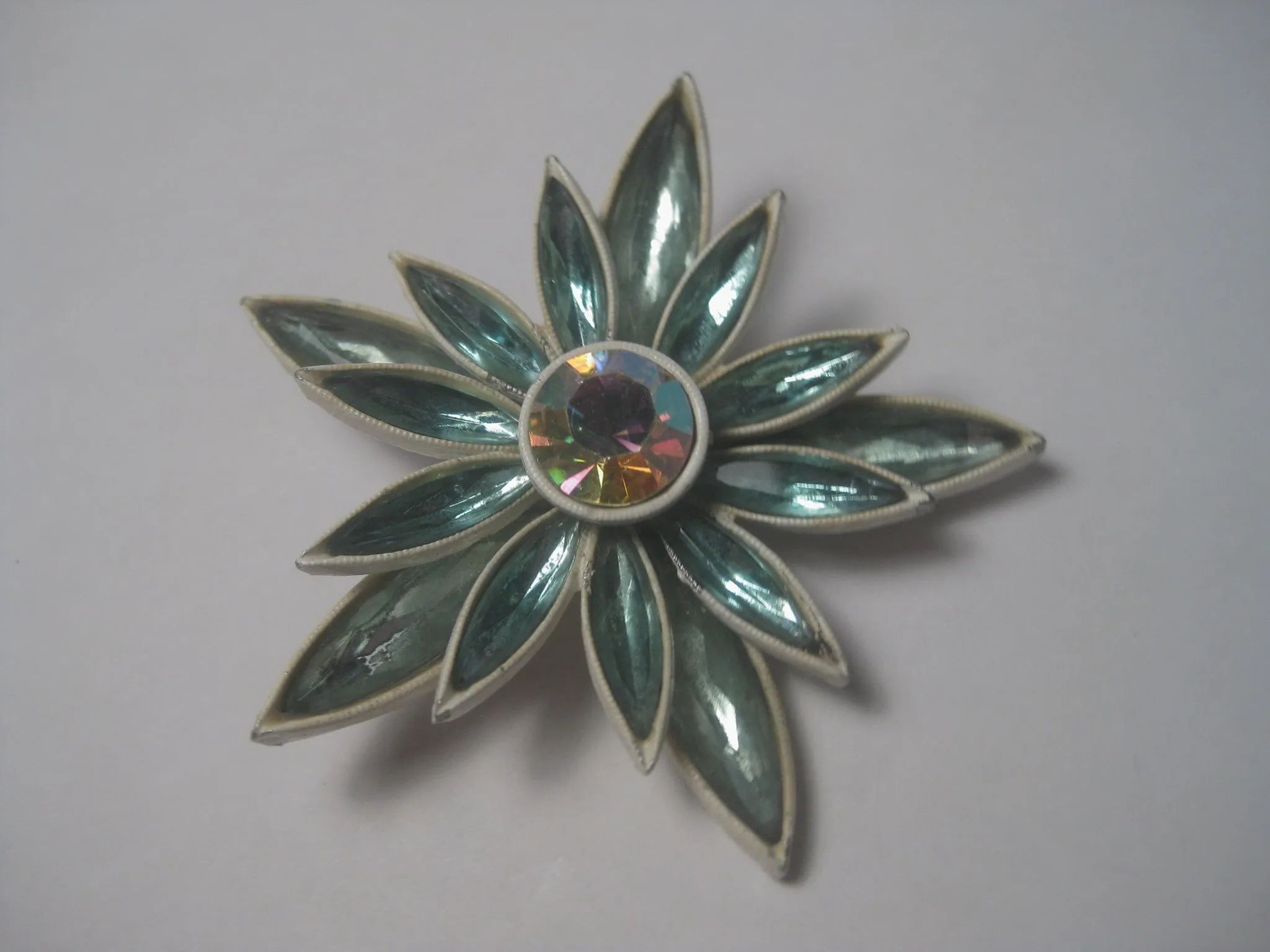 Vintage 1960's Aqua Navette White Enameled Floral Brooch with A.B. Center, 2.5"