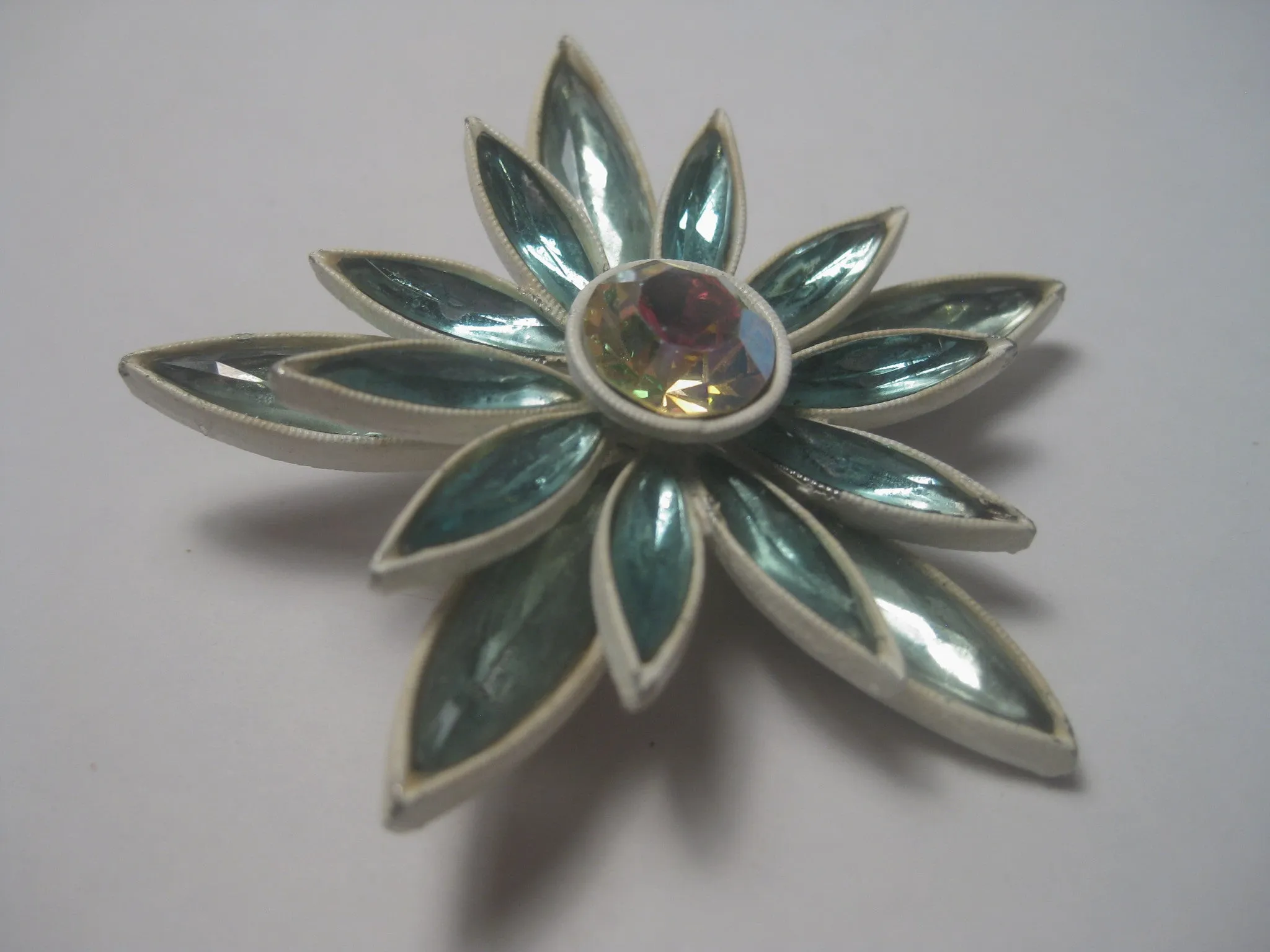 Vintage 1960's Aqua Navette White Enameled Floral Brooch with A.B. Center, 2.5"