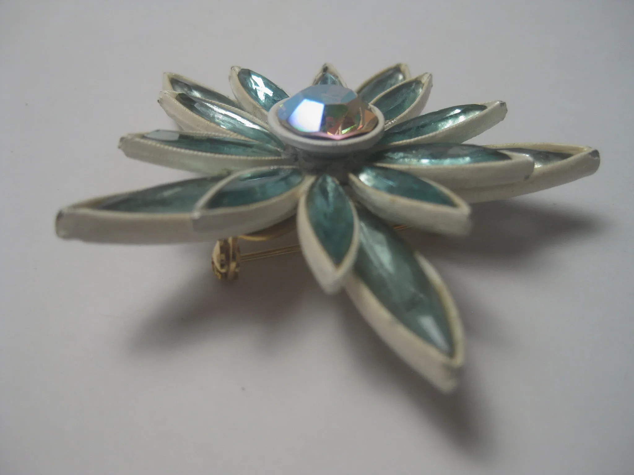 Vintage 1960's Aqua Navette White Enameled Floral Brooch with A.B. Center, 2.5"