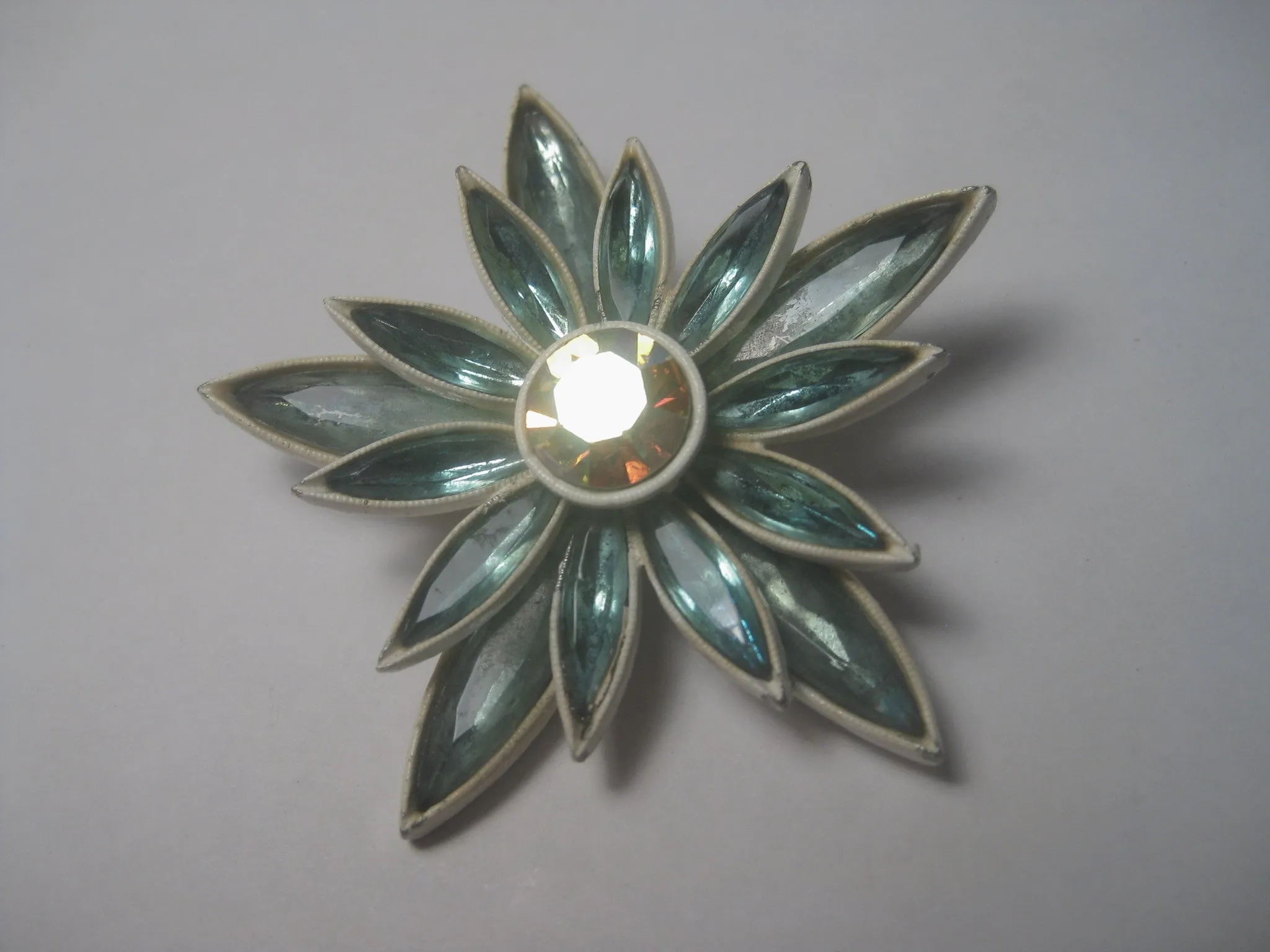 Vintage 1960's Aqua Navette White Enameled Floral Brooch with A.B. Center, 2.5"