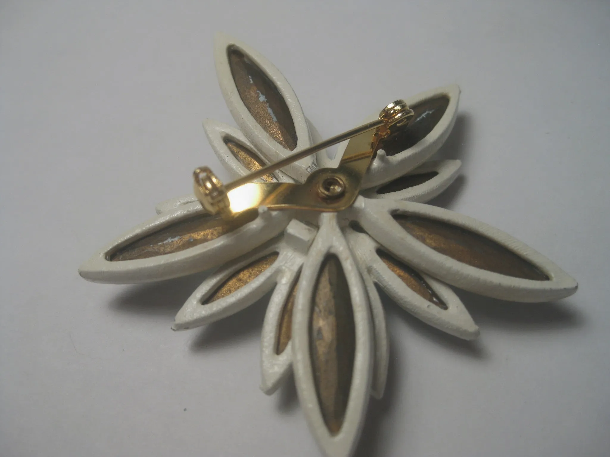 Vintage 1960's Aqua Navette White Enameled Floral Brooch with A.B. Center, 2.5"