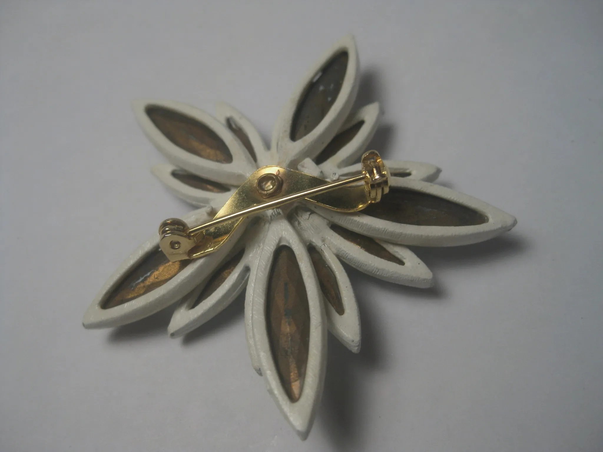 Vintage 1960's Aqua Navette White Enameled Floral Brooch with A.B. Center, 2.5"