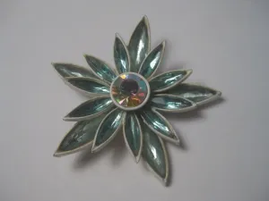 Vintage 1960's Aqua Navette White Enameled Floral Brooch with A.B. Center, 2.5"