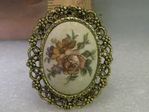 Vintage Brooch & Pendant Combination, Floral Cameo Style - Decorative Gold Tone Ornate Frame, 2.5"