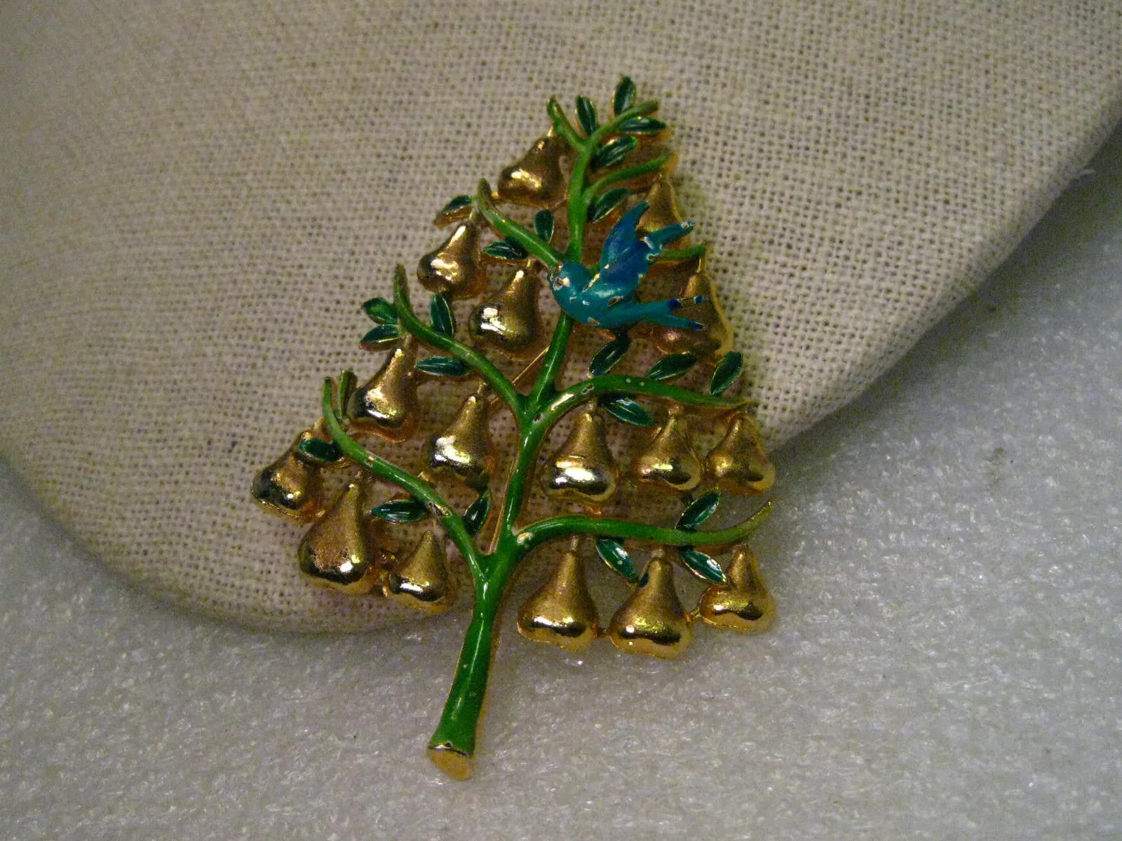 Vintage Gold Tone Enameled Partridge in a Pear Tree Enameled Brooch, signed Cadoro, Mid-Century