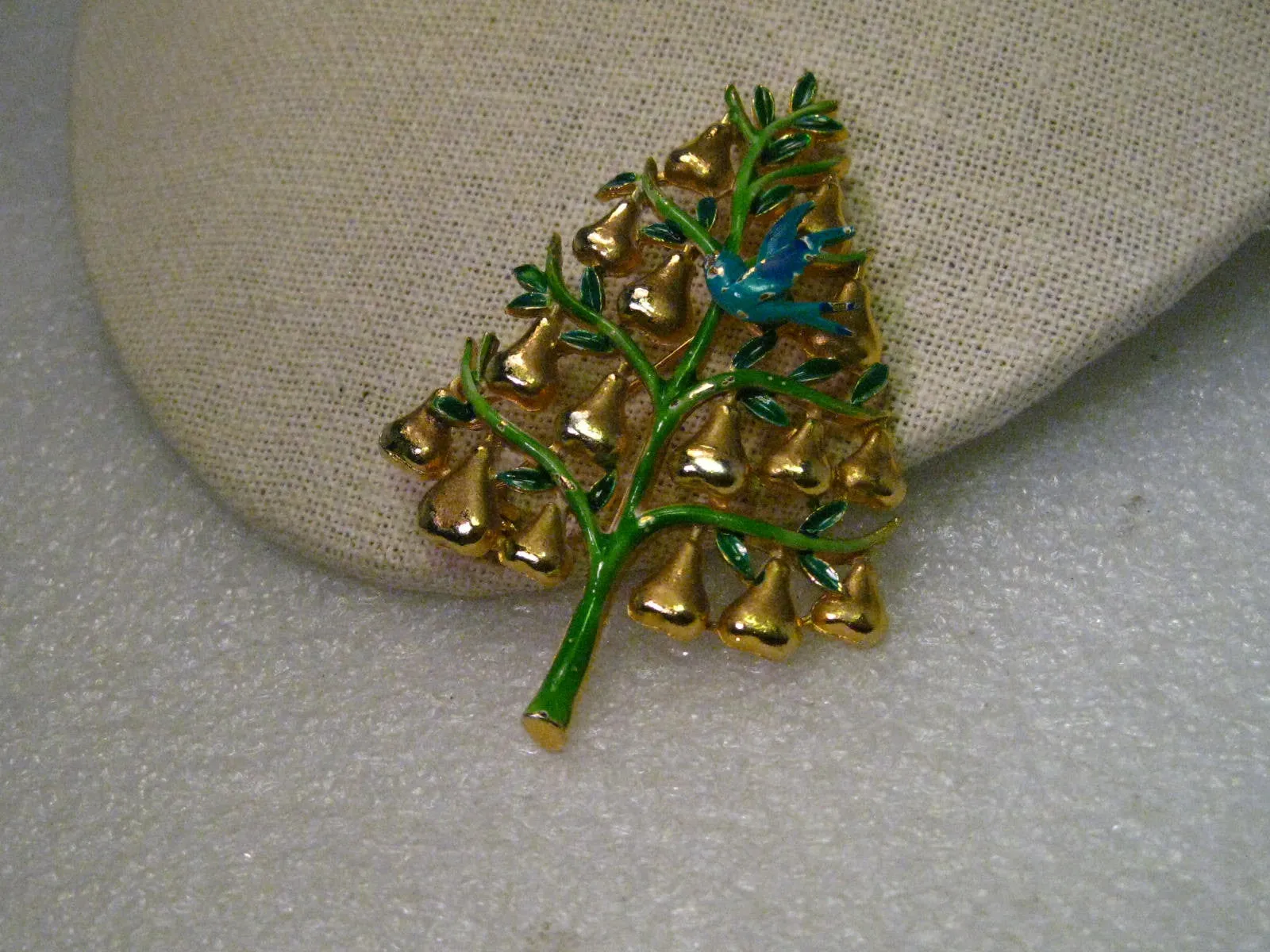 Vintage Gold Tone Enameled Partridge in a Pear Tree Enameled Brooch, signed Cadoro, Mid-Century