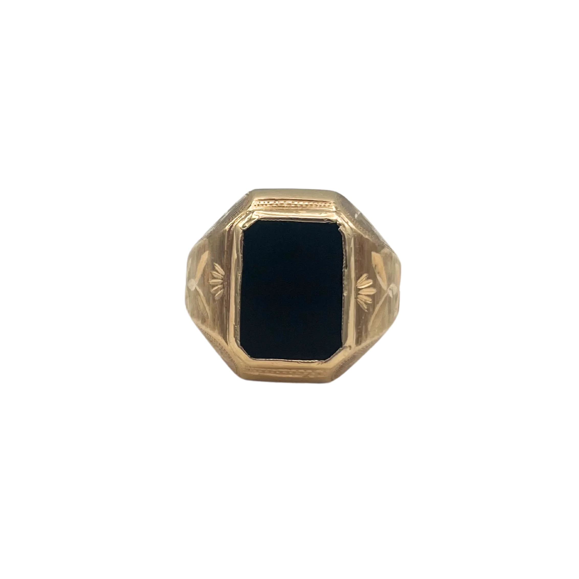 Vintage Men's Heavy 14k Yellow Gold Hand Engraved Onyx Ring