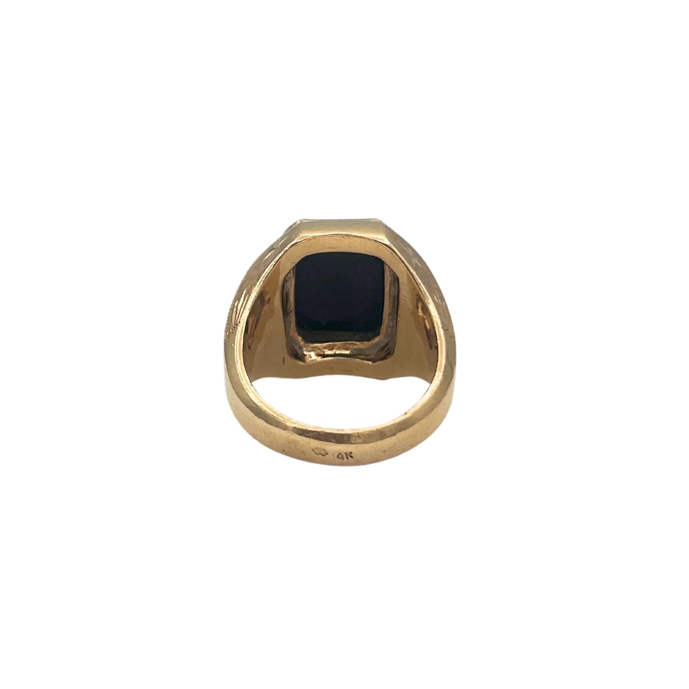 Vintage Men's Heavy 14k Yellow Gold Hand Engraved Onyx Ring