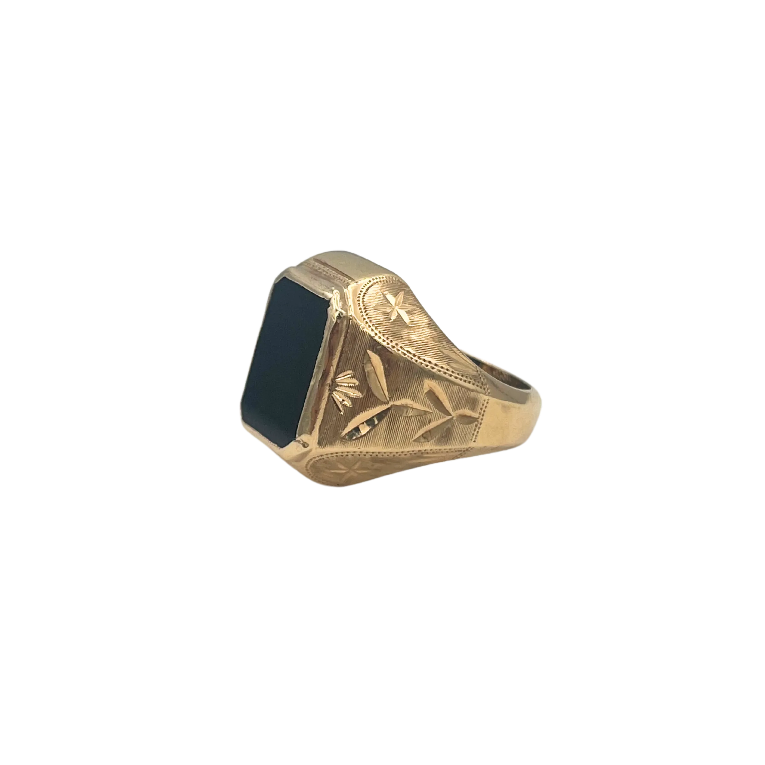 Vintage Men's Heavy 14k Yellow Gold Hand Engraved Onyx Ring