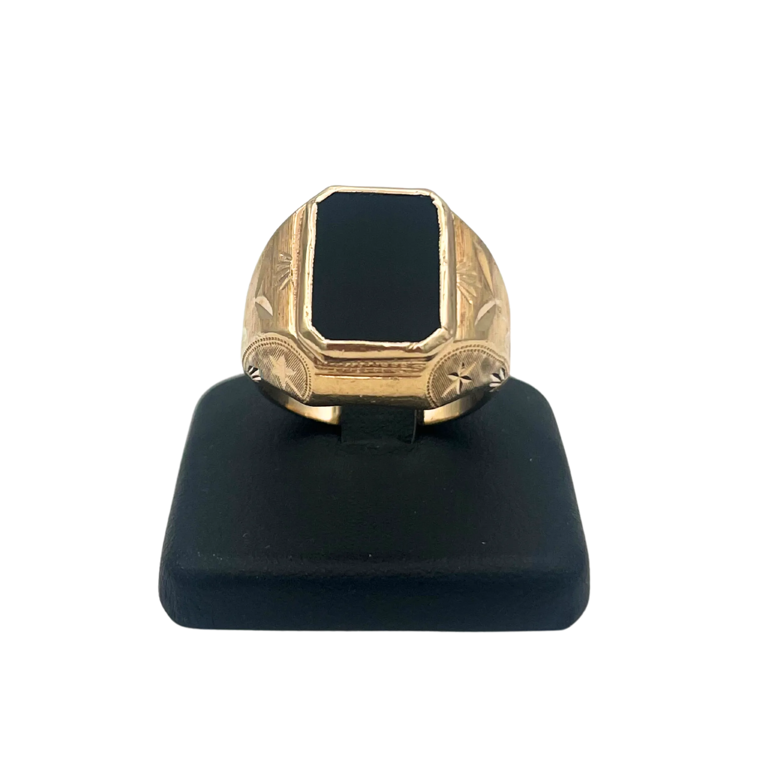 Vintage Men's Heavy 14k Yellow Gold Hand Engraved Onyx Ring