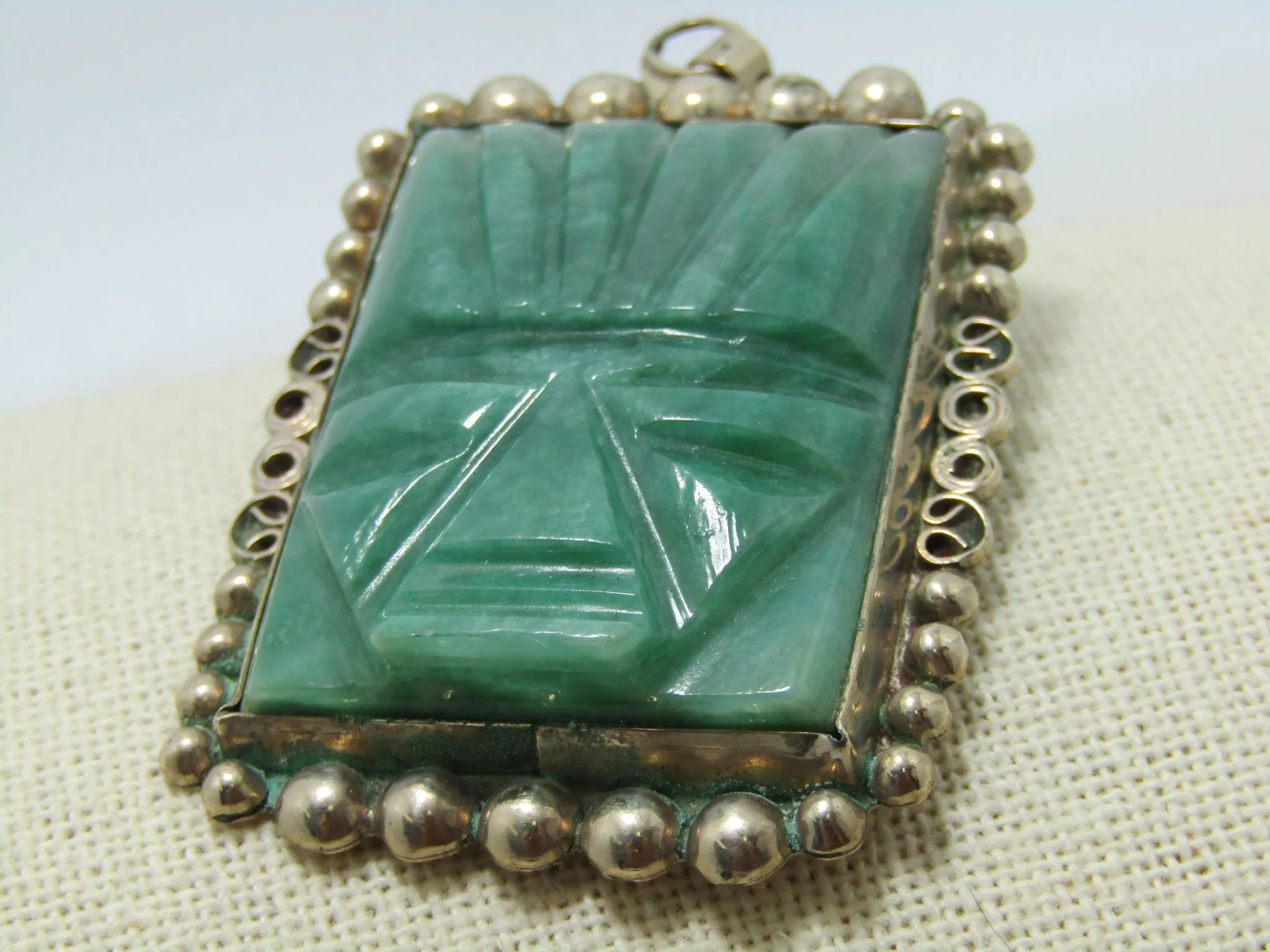 Vintage Sterling Carved Tribal Pendant Brooch, Aventurine, 36.40 gr., 1970's-1980's, 2.75"