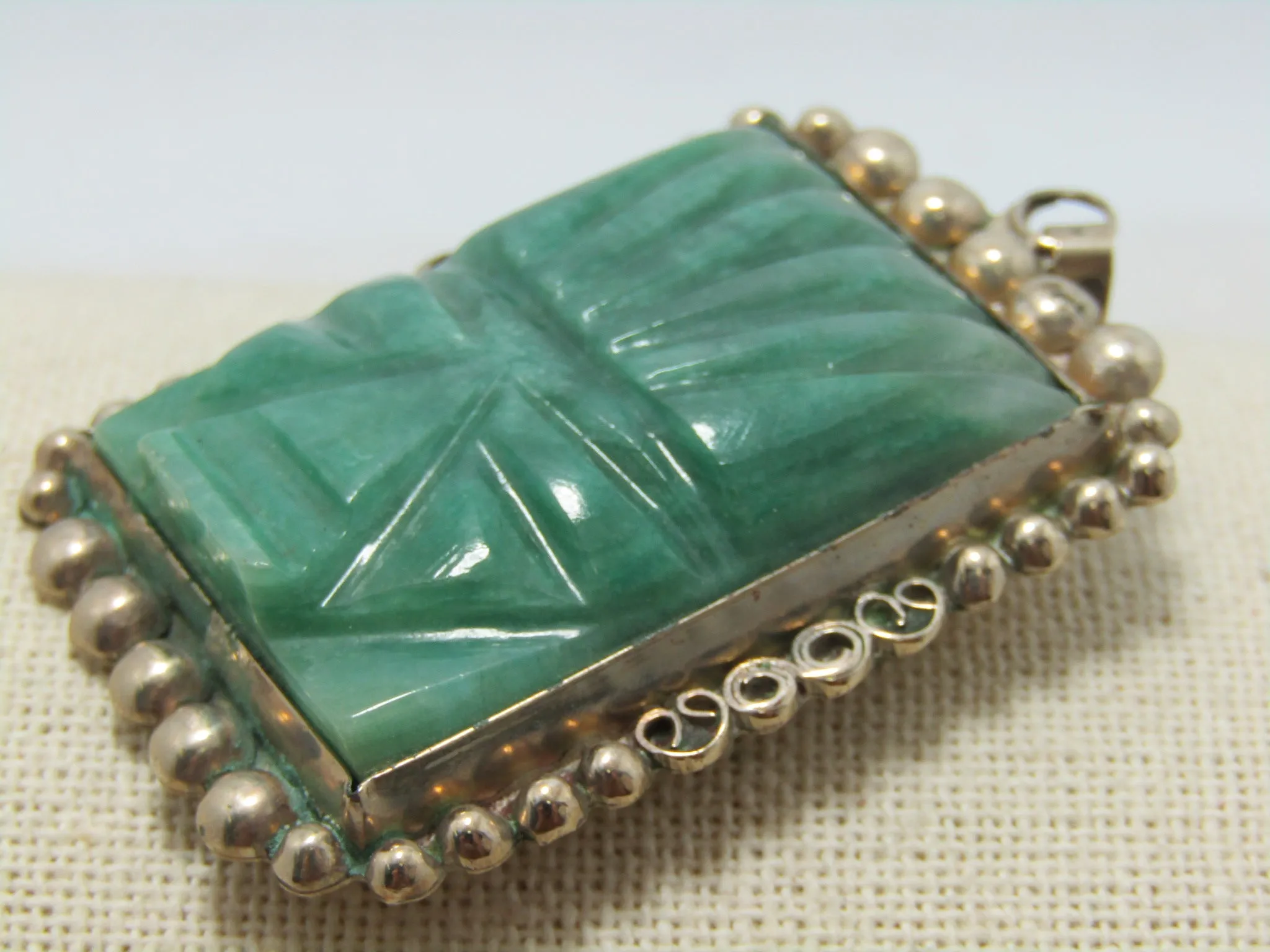 Vintage Sterling Carved Tribal Pendant Brooch, Aventurine, 36.40 gr., 1970's-1980's, 2.75"