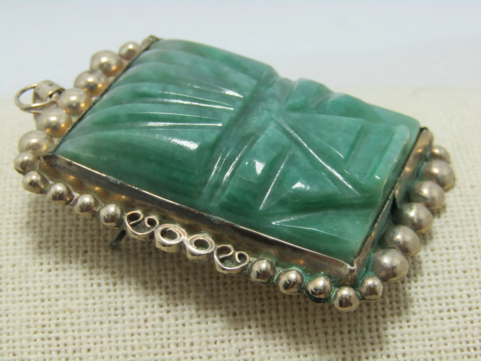 Vintage Sterling Carved Tribal Pendant Brooch, Aventurine, 36.40 gr., 1970's-1980's, 2.75"