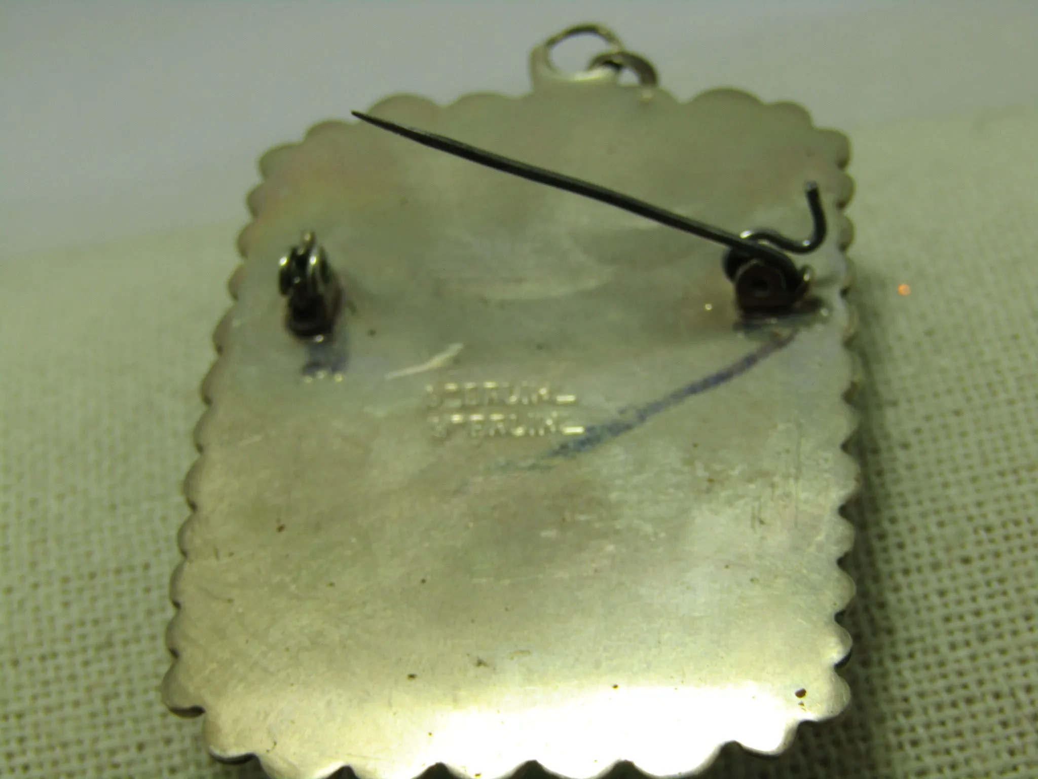 Vintage Sterling Carved Tribal Pendant Brooch, Aventurine, 36.40 gr., 1970's-1980's, 2.75"