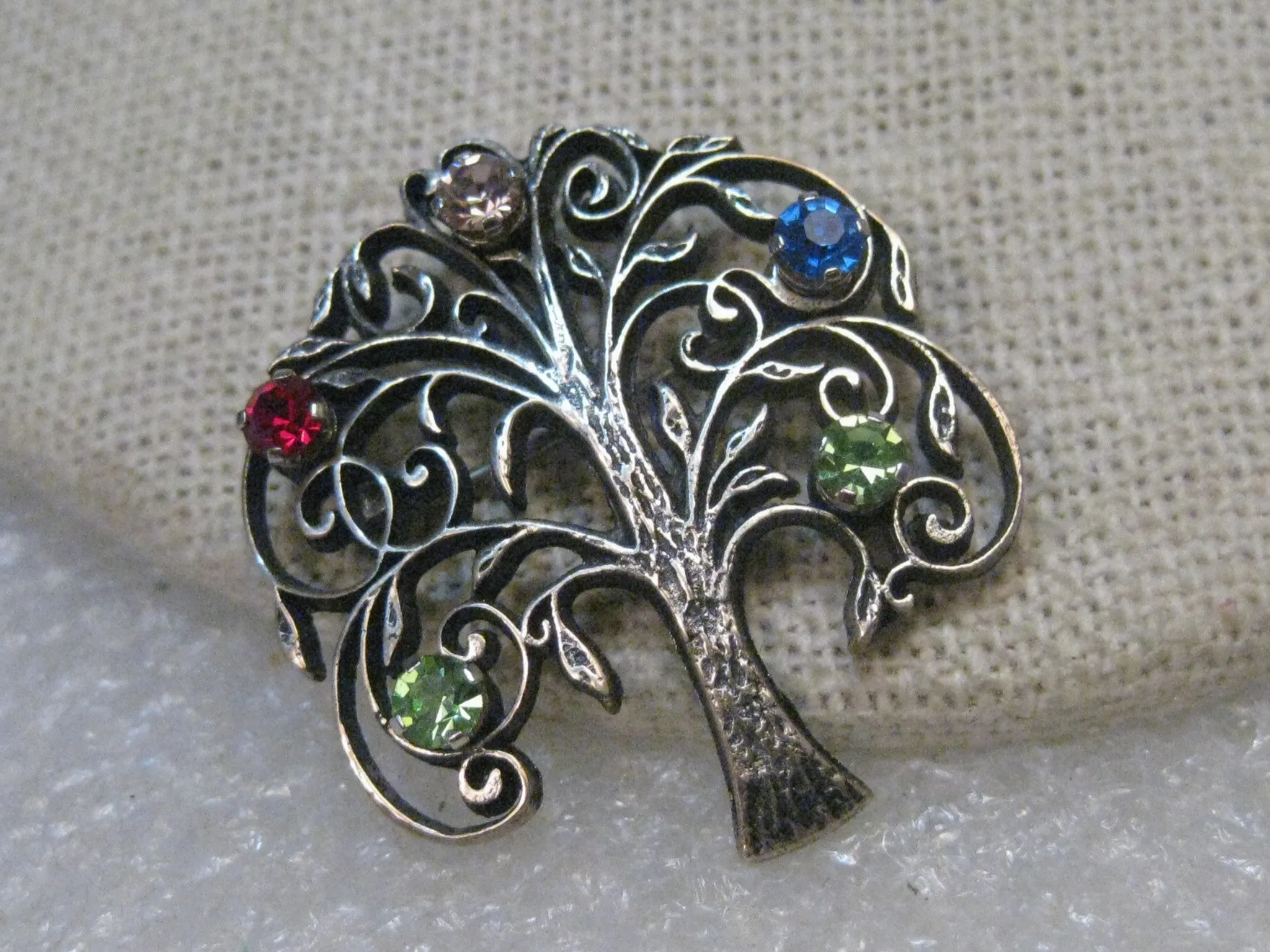 Vintage Sterling Tree of Life Brooch, Faux Gemstones, signed Anson, 1.25", 4.89 gr.