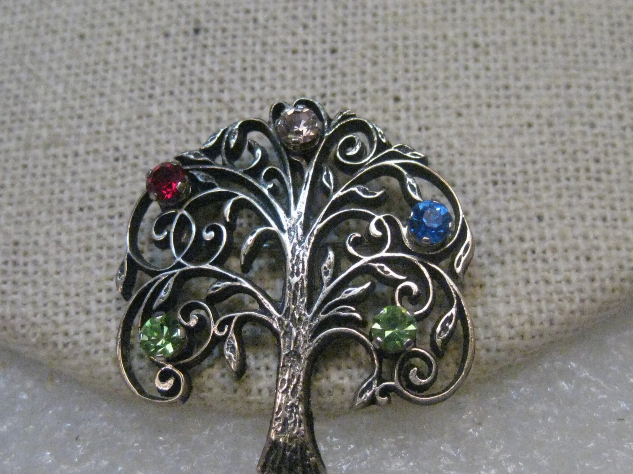 Vintage Sterling Tree of Life Brooch, Faux Gemstones, signed Anson, 1.25", 4.89 gr.